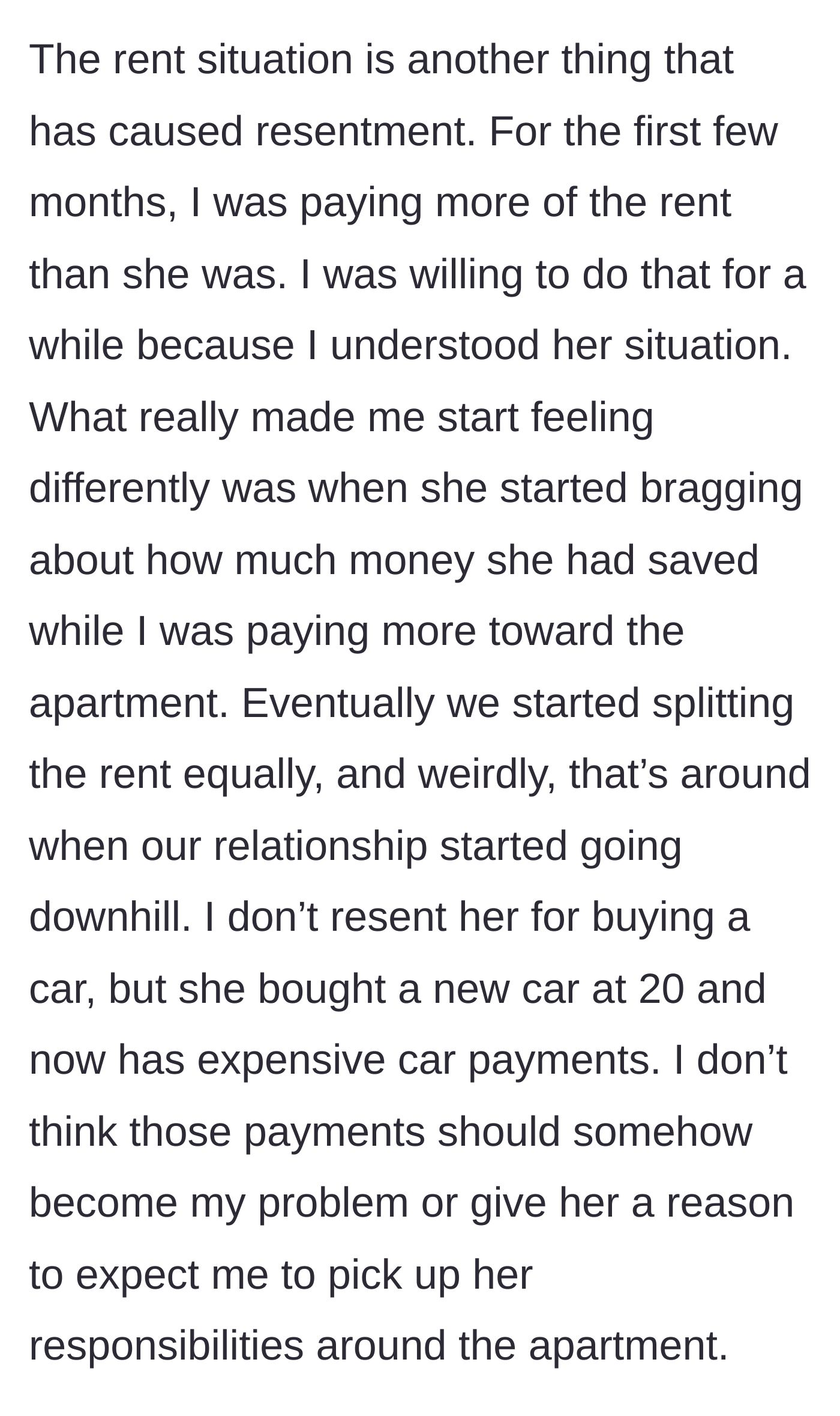 Story part 3 - Roommate bragging about money and showing off a brand new car while dodging rent.