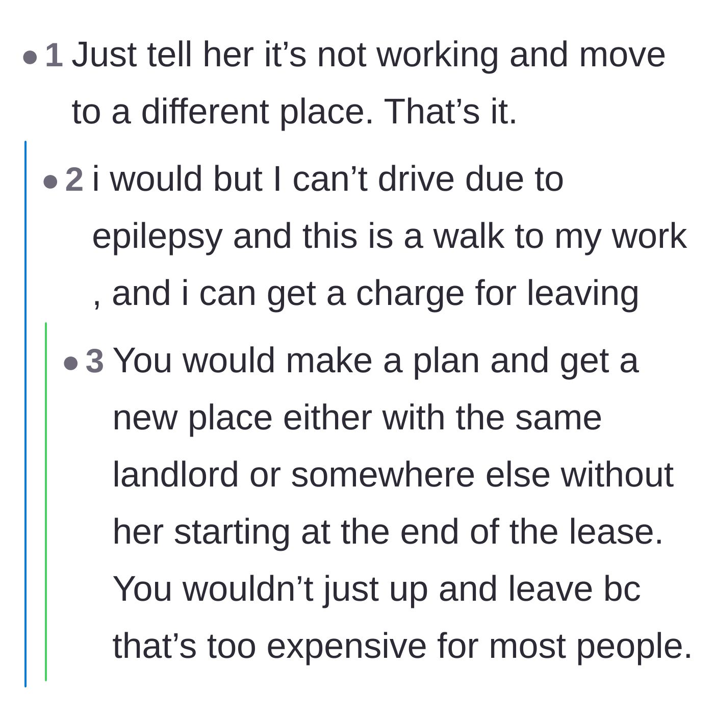 Comment thread 4 - OP explaining she can't just move out because her epilepsy requires her to live walking distance to work.