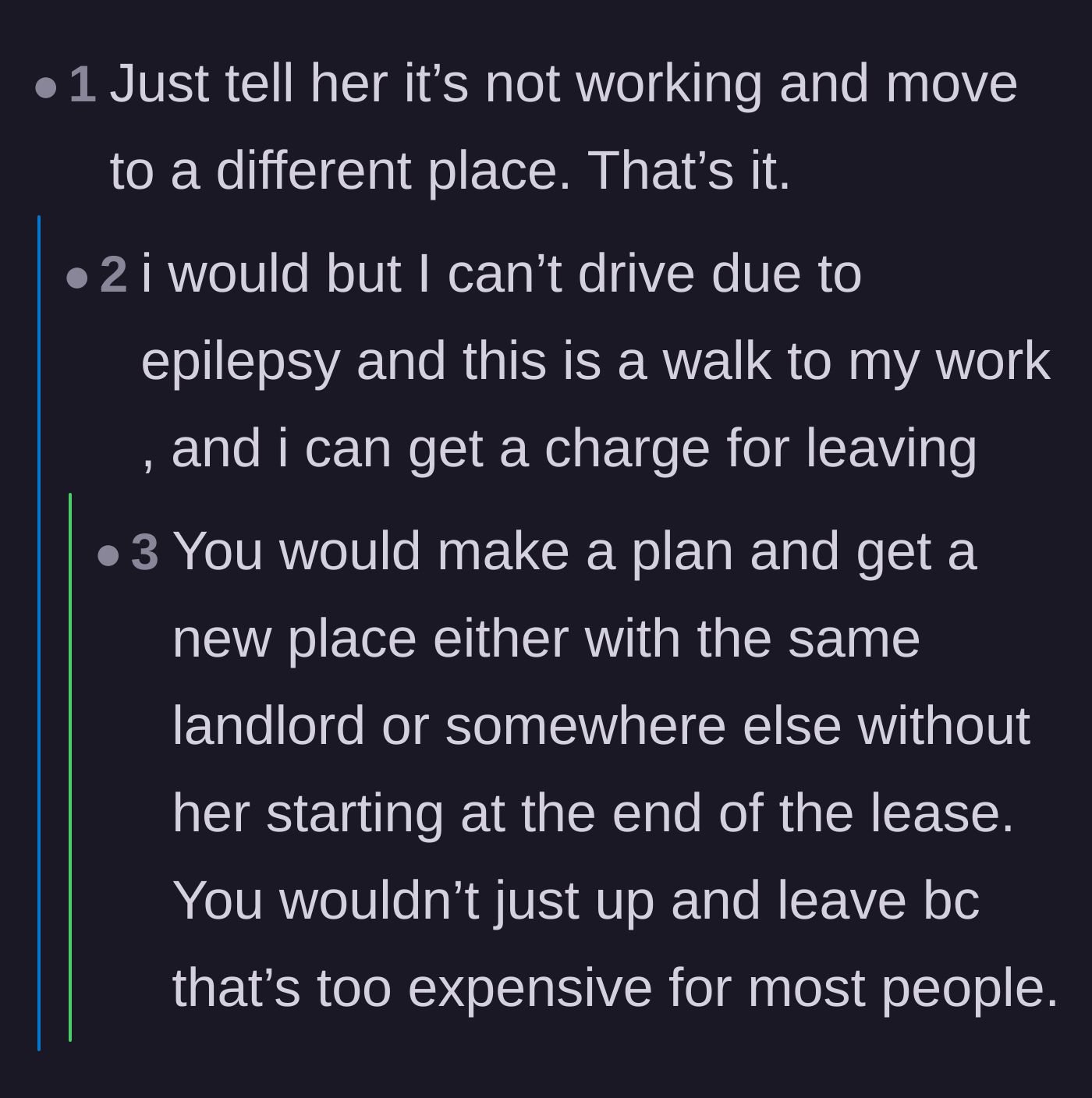 Comment thread 4 - OP explaining she can't just move out because her epilepsy requires her to live walking distance to work.
