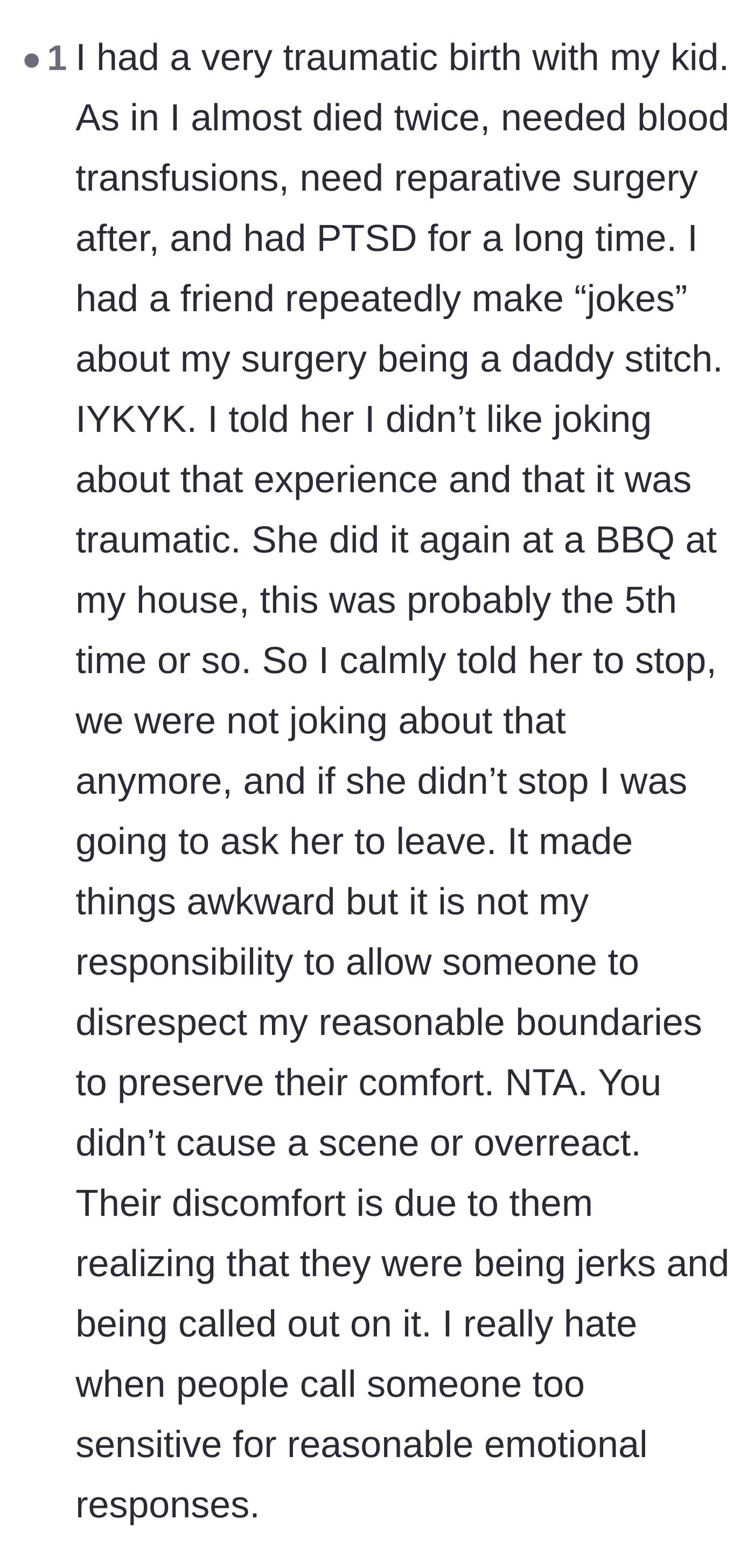 Comment thread 2 - A user sharing a deeply personal story about setting boundaries after a friend made traumatic birth jokes.