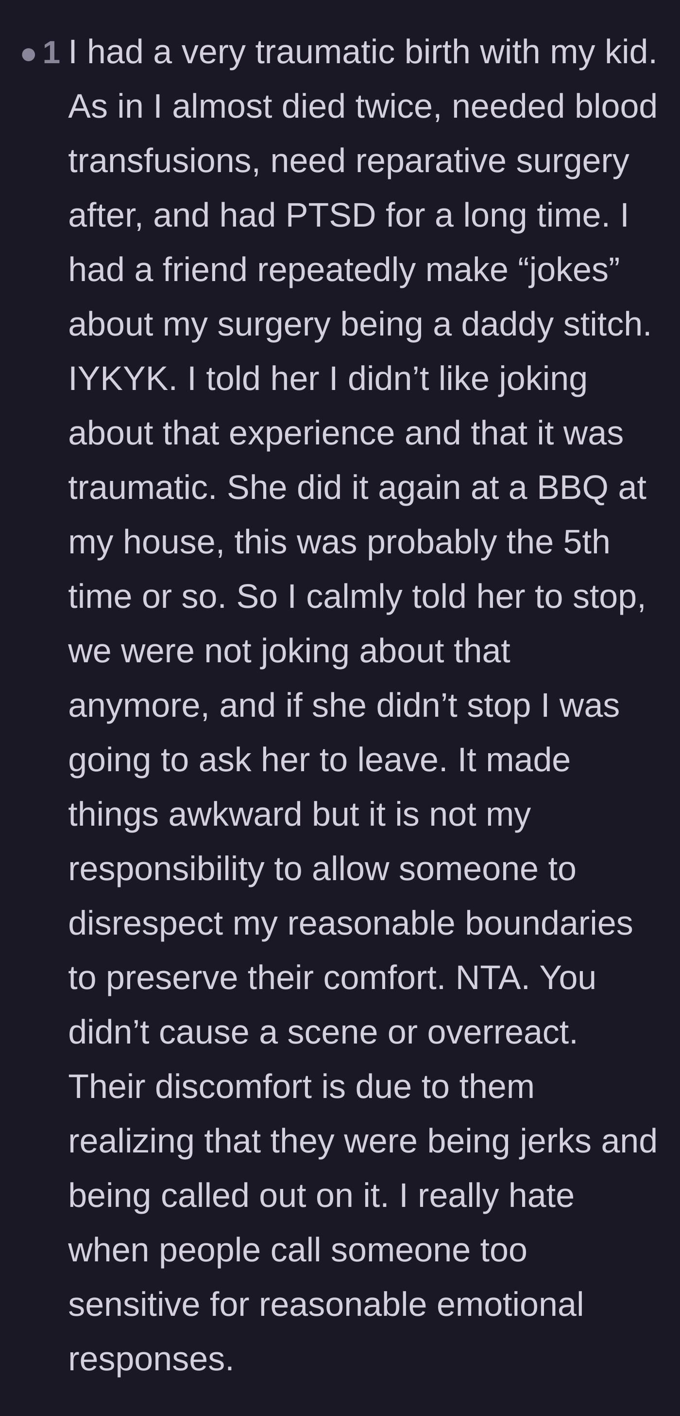 Comment thread 2 - A user sharing a deeply personal story about setting boundaries after a friend made traumatic birth jokes.
