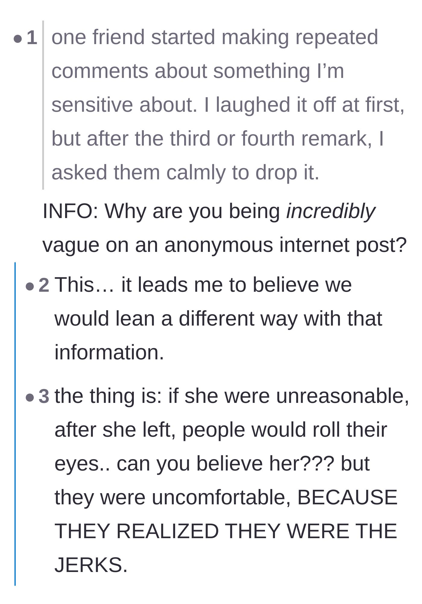 Comment thread 6 - A skeptic demanding to know what the sensitive topic was, met with a reply explaining that the friends' guilt proves she was right.