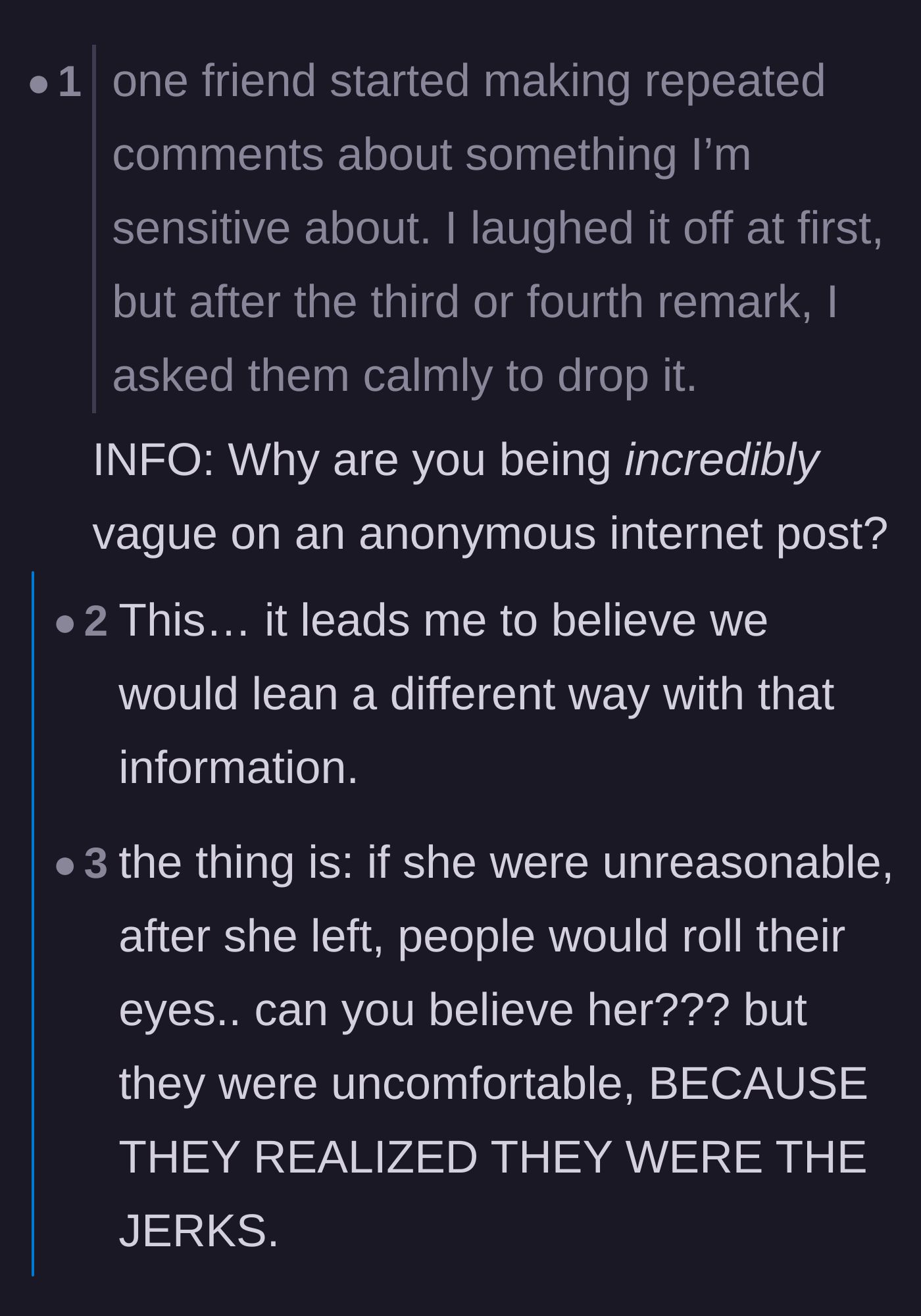 Comment thread 6 - A skeptic demanding to know what the sensitive topic was, met with a reply explaining that the friends' guilt proves she was right.