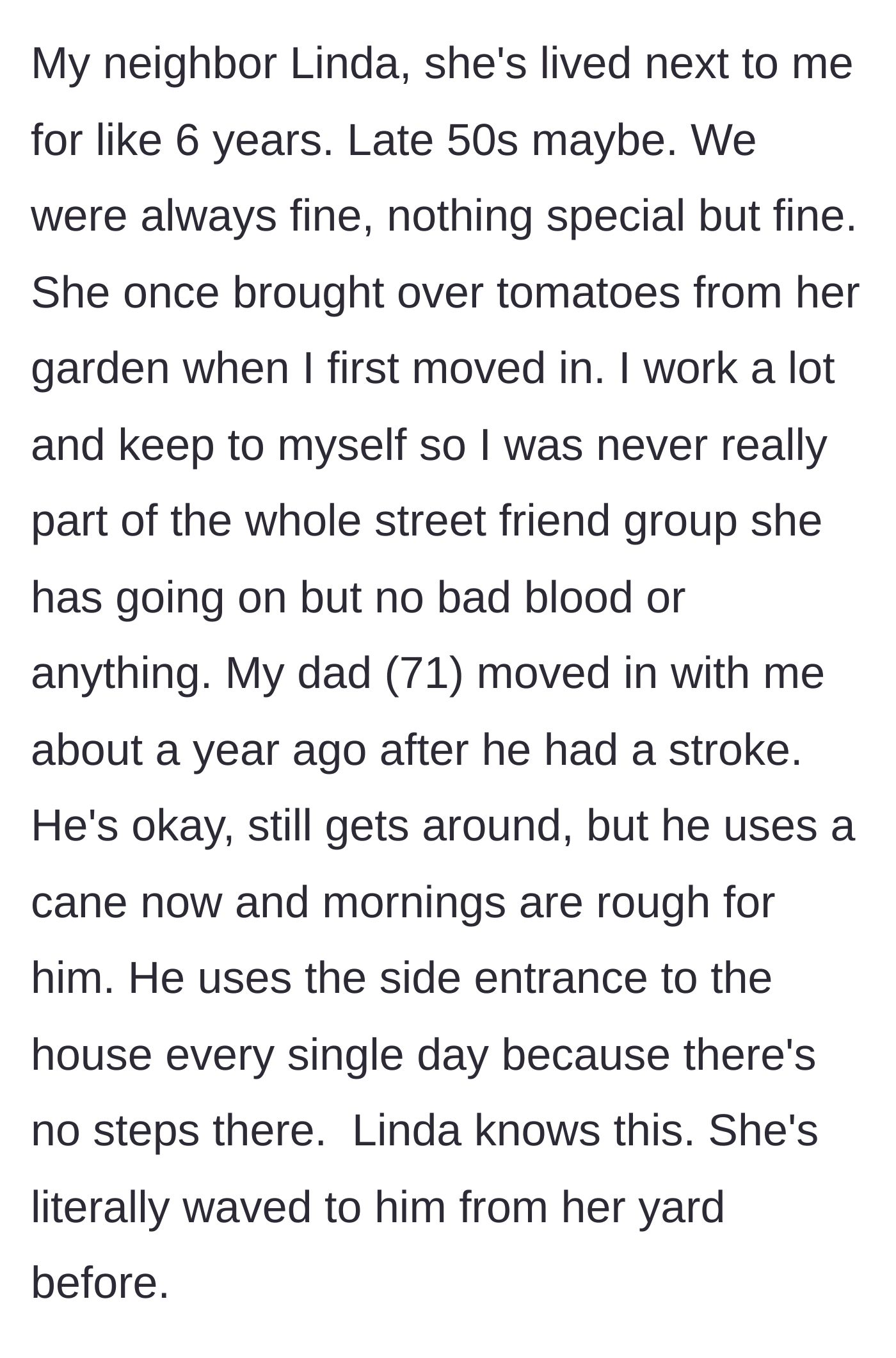 Story part 1 - A split image of a friendly neighbor holding tomatoes and an elderly man with a cane entering a house.