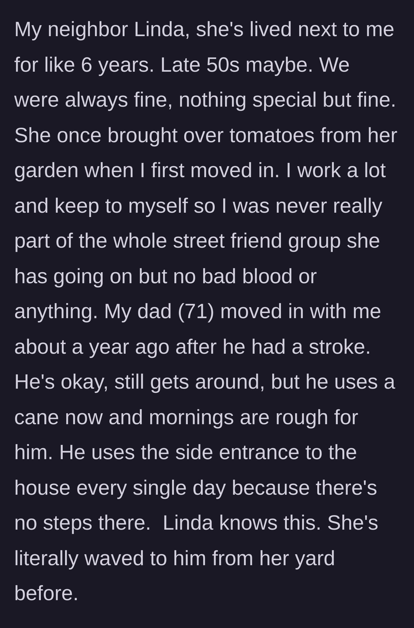Story part 1 - A split image of a friendly neighbor holding tomatoes and an elderly man with a cane entering a house.