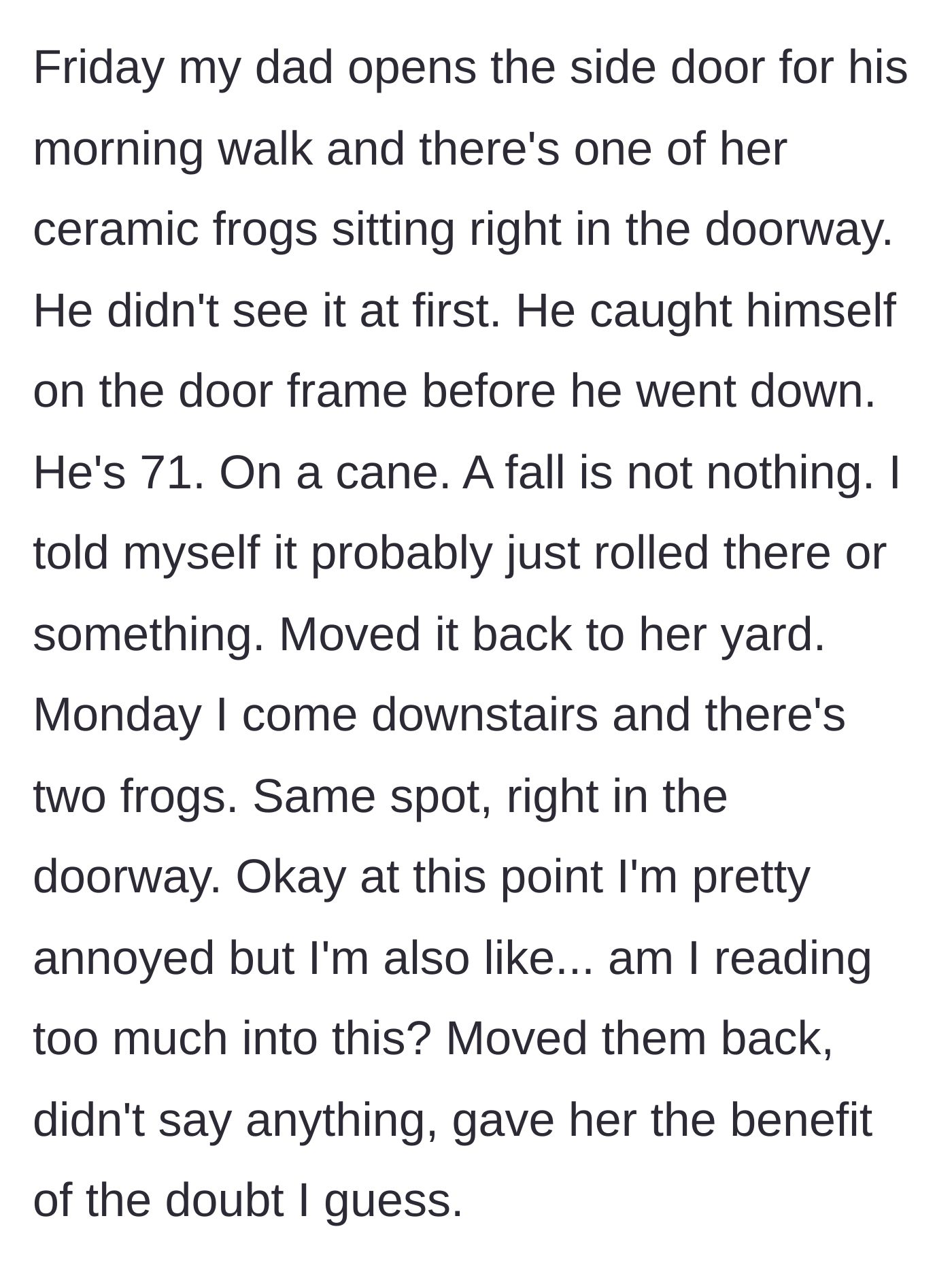 Story part 3 - A ceramic frog placed deliberately right outside a side door threshold.