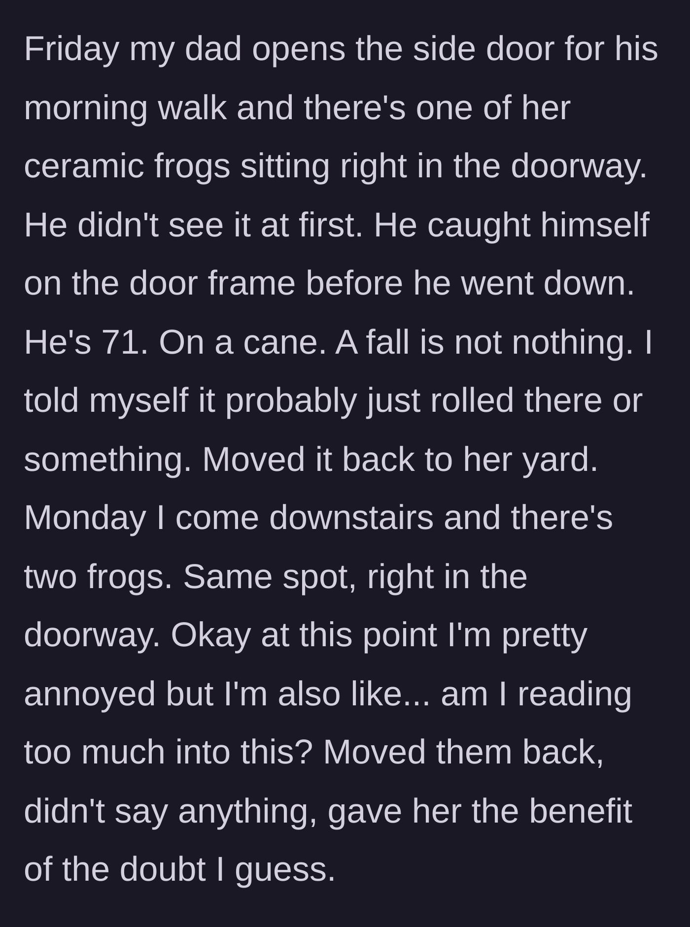 Story part 3 - A ceramic frog placed deliberately right outside a side door threshold.