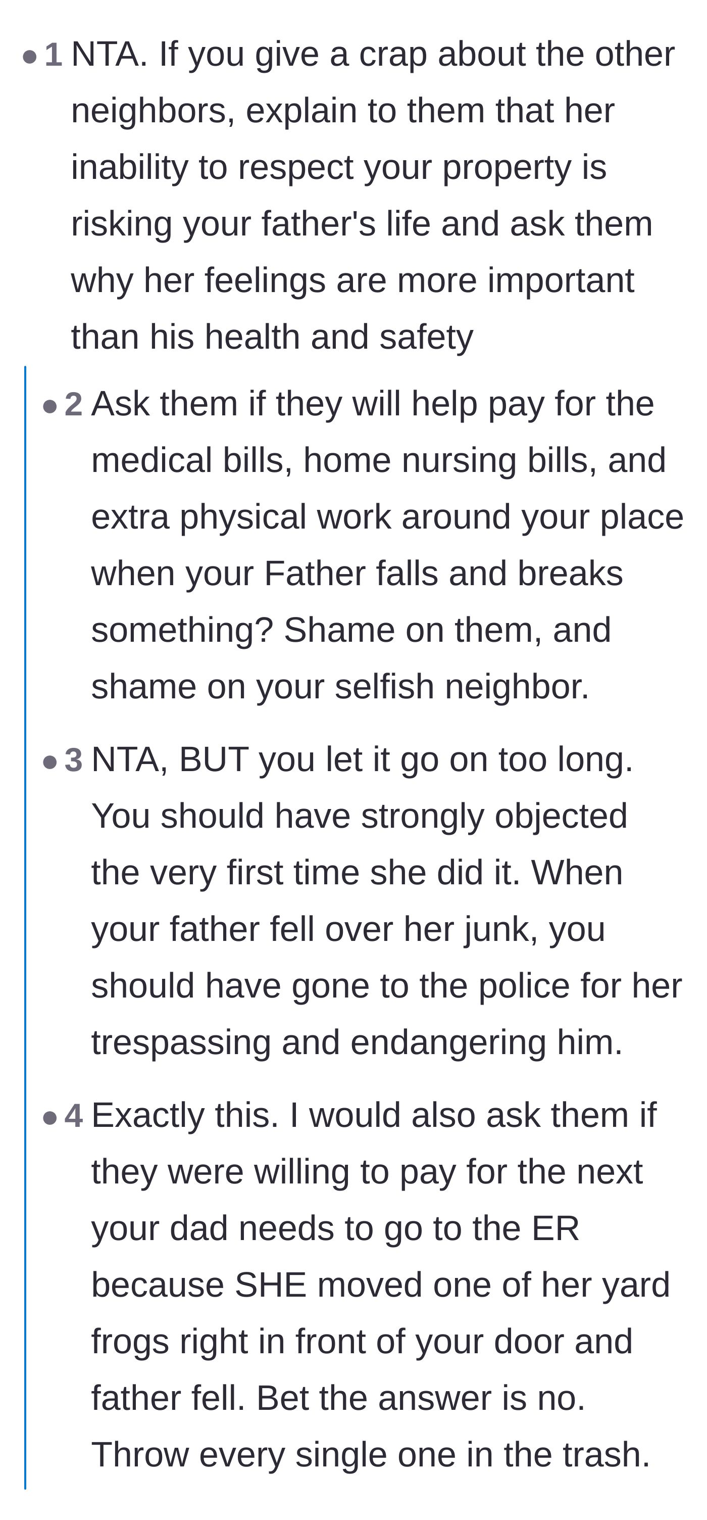 Comment thread 1 - Readers debating whether to confront the enabling neighbors with the potential medical costs of a fall.