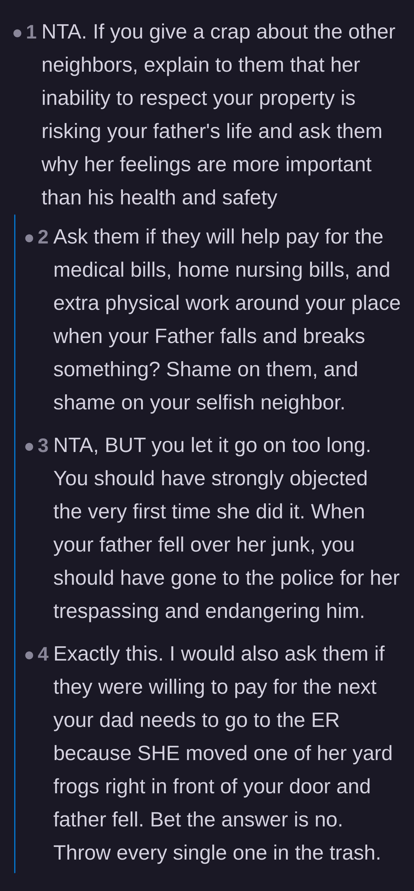 Comment thread 1 - Readers debating whether to confront the enabling neighbors with the potential medical costs of a fall.