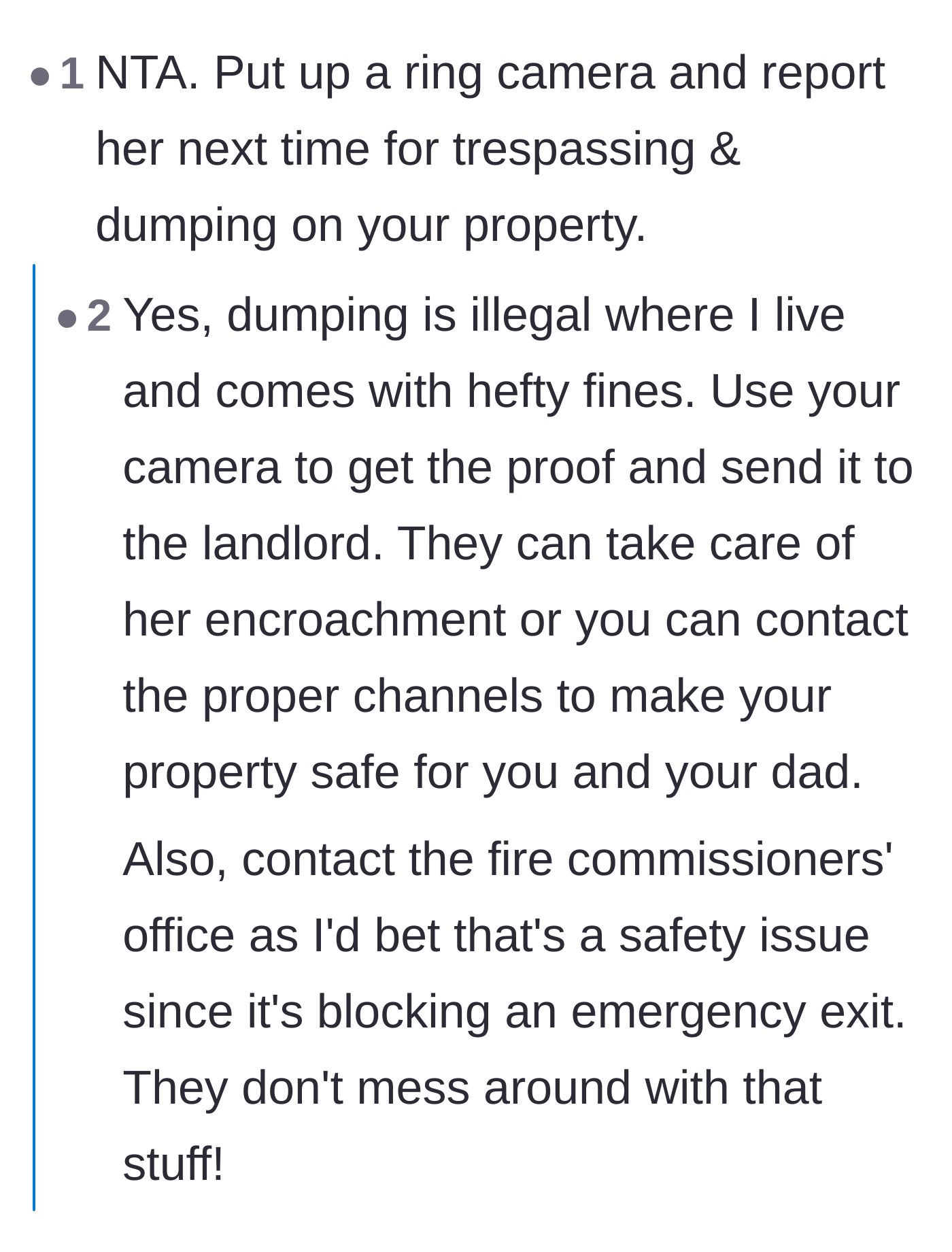 Comment thread 2 - Suggestions to install a camera and report the neighbor for illegal dumping and fire code violations.