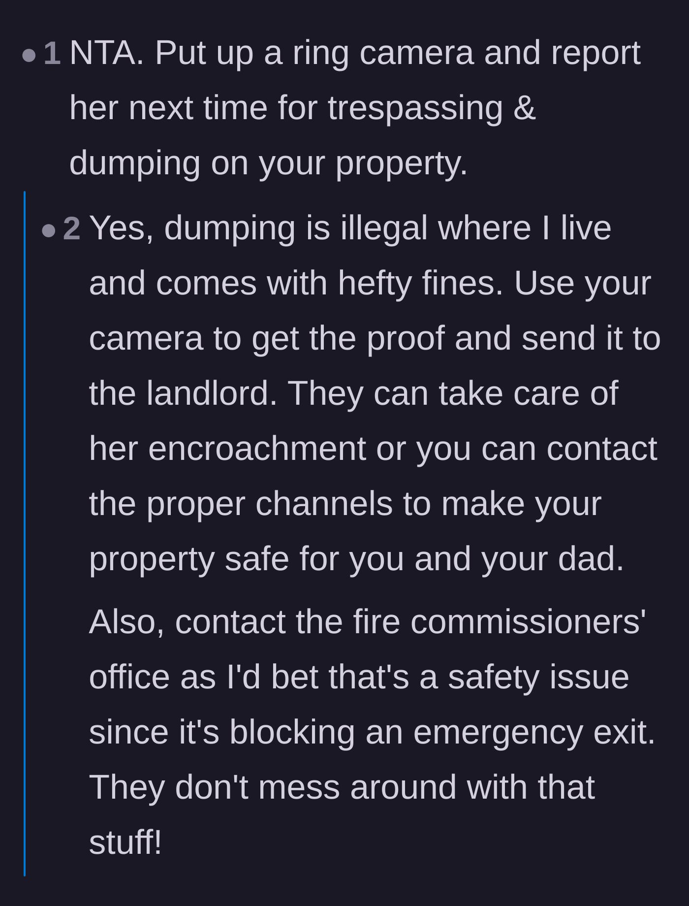 Comment thread 2 - Suggestions to install a camera and report the neighbor for illegal dumping and fire code violations.