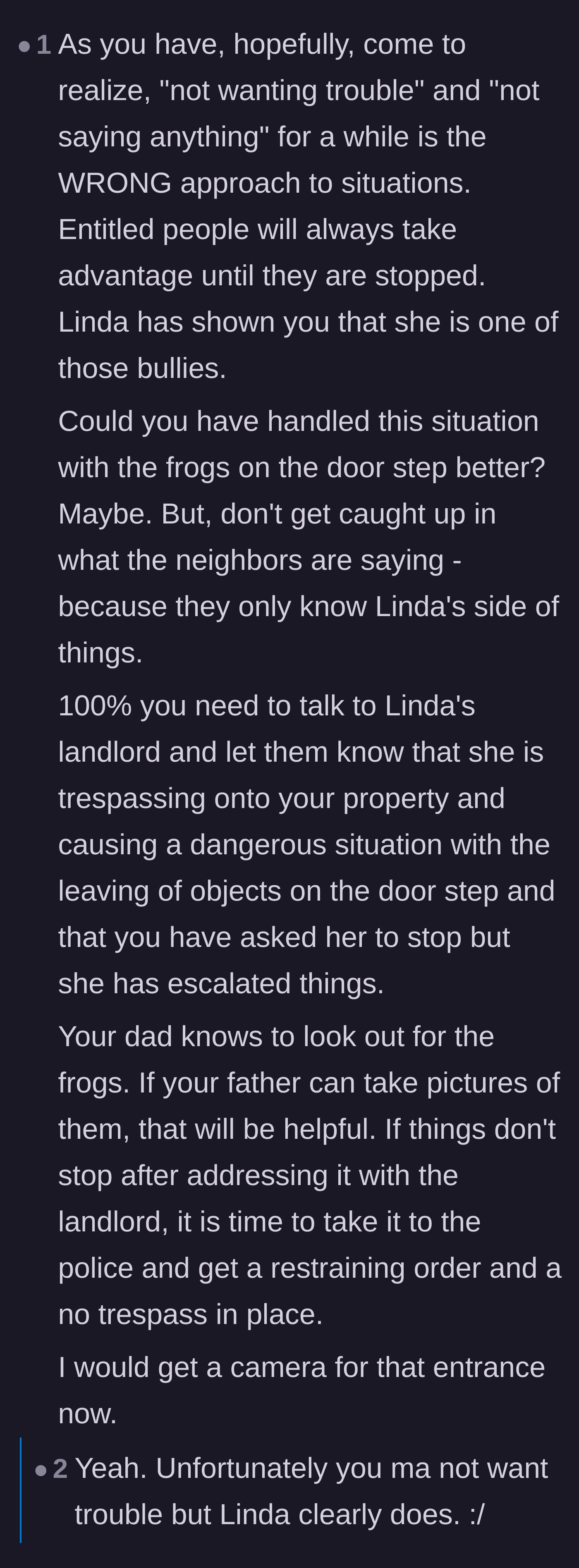 Comment thread 4 - A detailed breakdown of why conflict avoidance fails with entitled individuals and when to involve authorities.