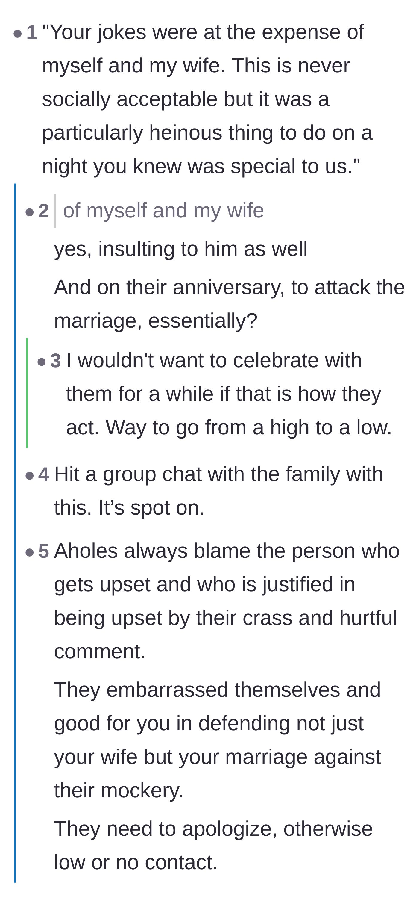 Comment thread 1 - A discussion on how true jokes make everyone laugh, while one-sided laughter is just bullying.
