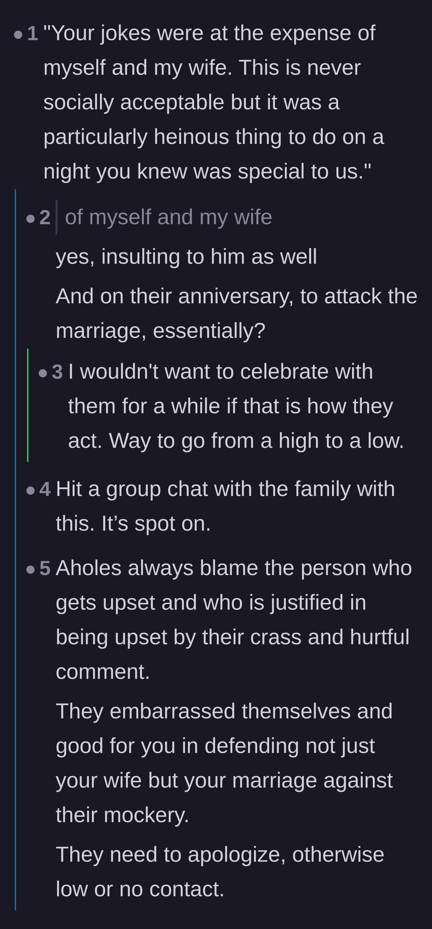 Comment thread 1 - A discussion on how true jokes make everyone laugh, while one-sided laughter is just bullying.
