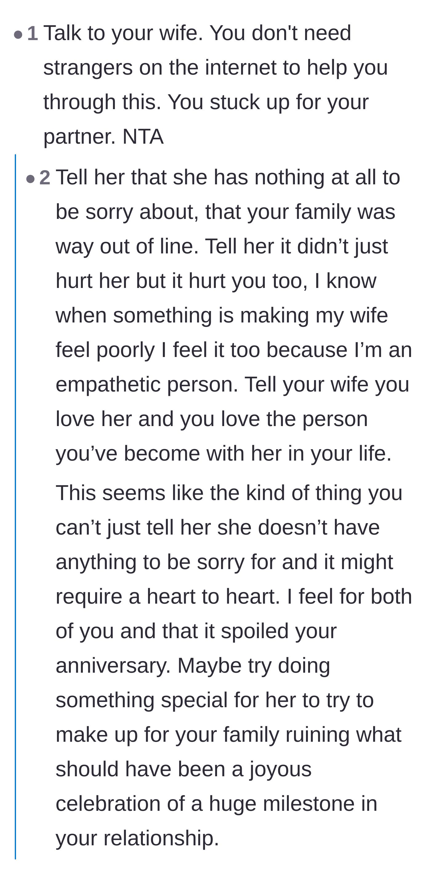 Comment thread 2 - Advice urging the husband to have a deeply supportive heart-to-heart conversation with his wife to reassure her.