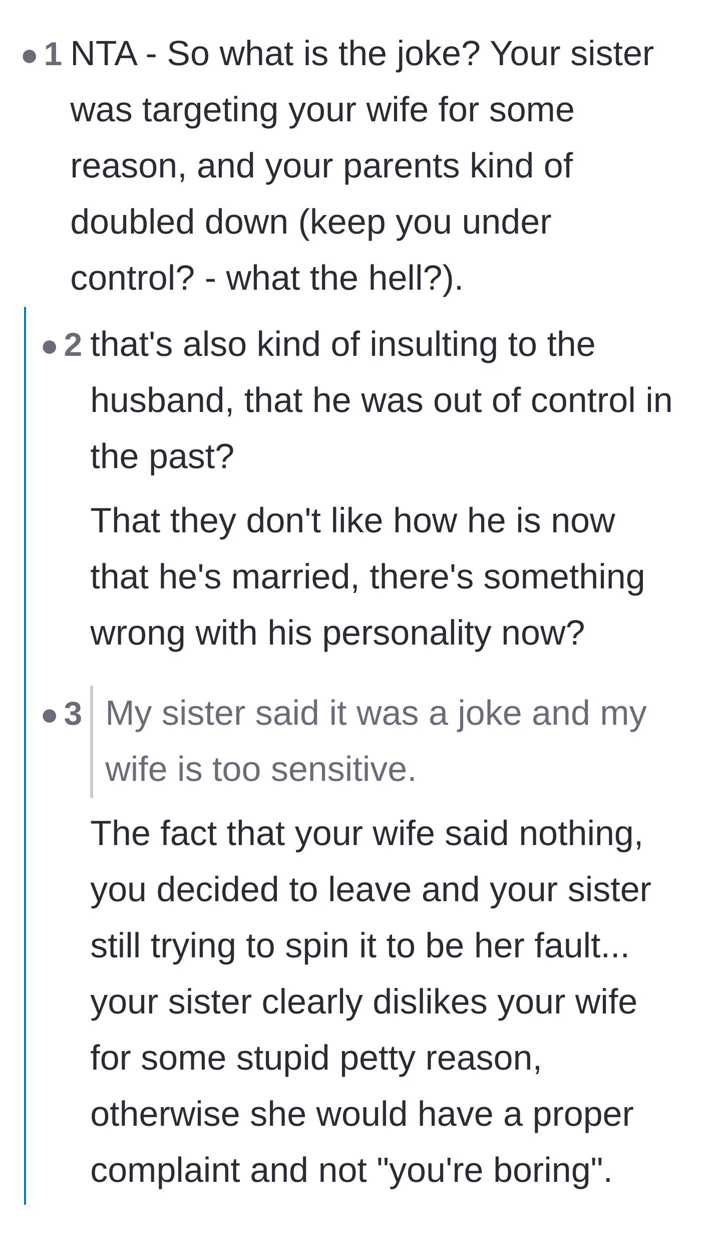 Comment thread 3 - Readers dissect the sister's nonsensical insults and point out the family's clear underlying resentment toward the wife.
