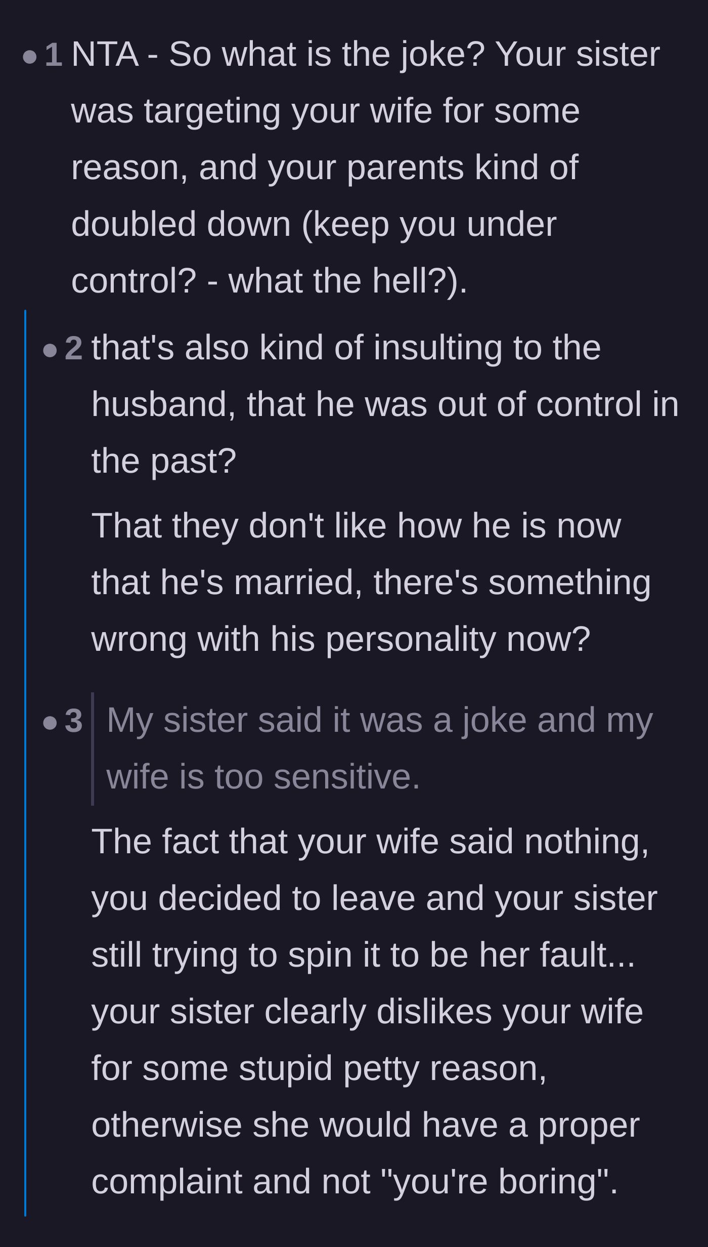 Comment thread 3 - Readers dissect the sister's nonsensical insults and point out the family's clear underlying resentment toward the wife.