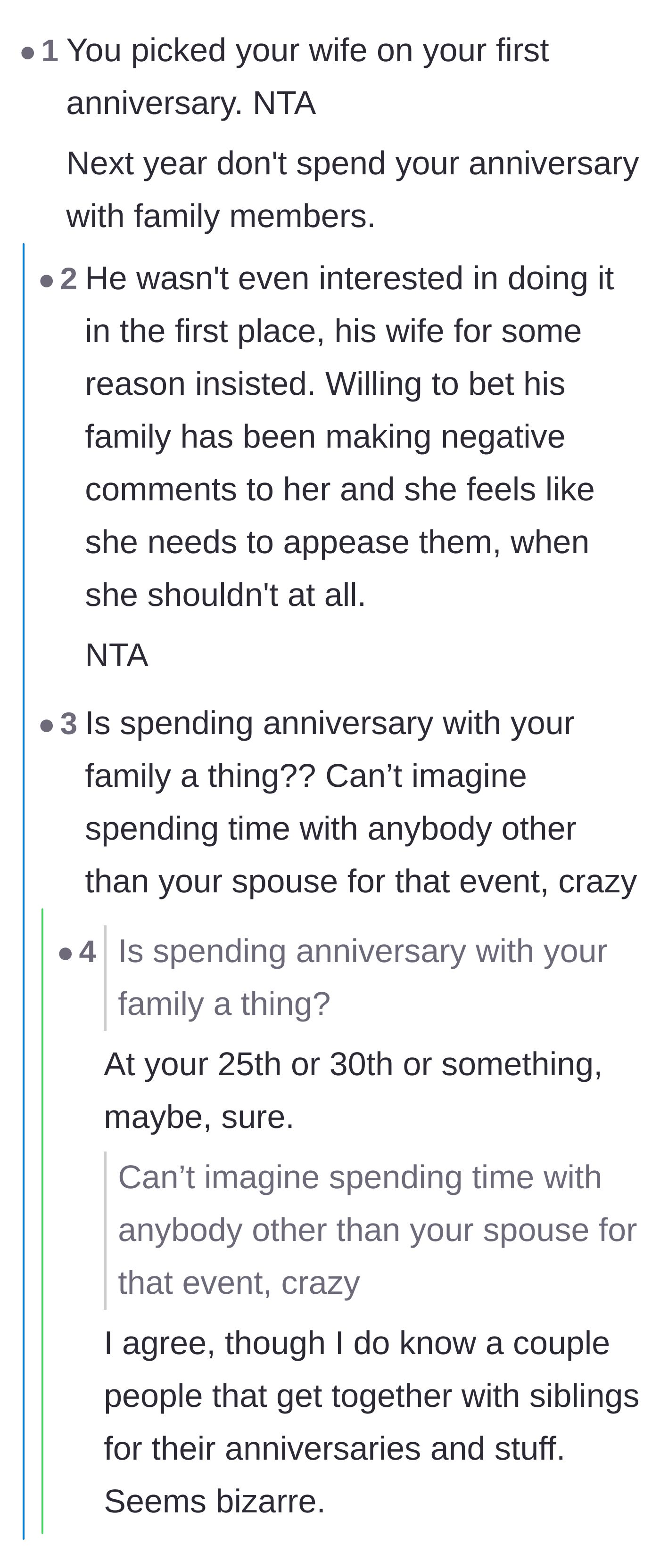 Comment thread 4 - A debate on why a first anniversary was spent with extended family instead of being a private celebration for the couple.