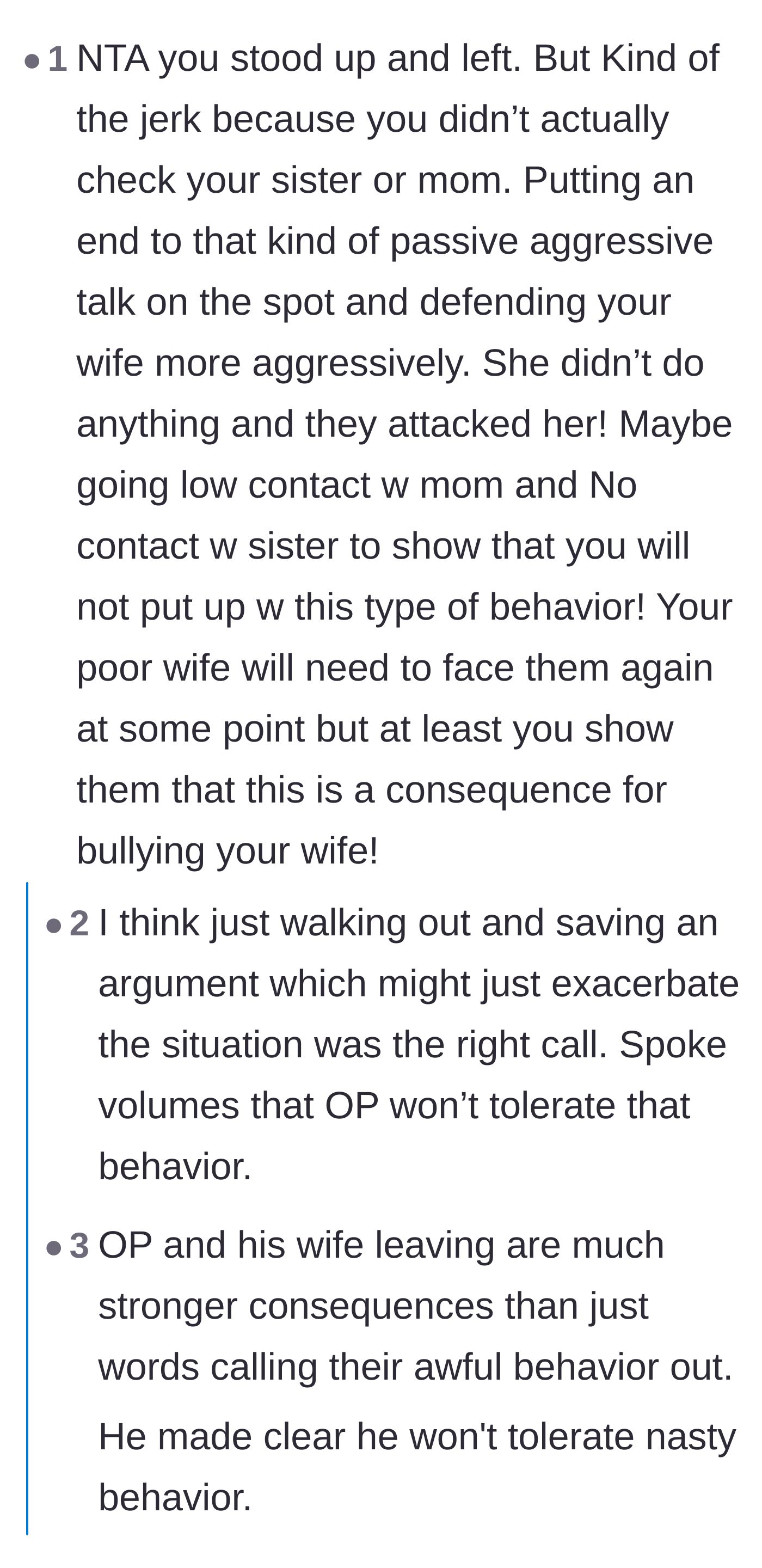 Comment thread 6 - A debate on whether the husband should have verbally defended his wife or if leaving silently was the strongest statement.