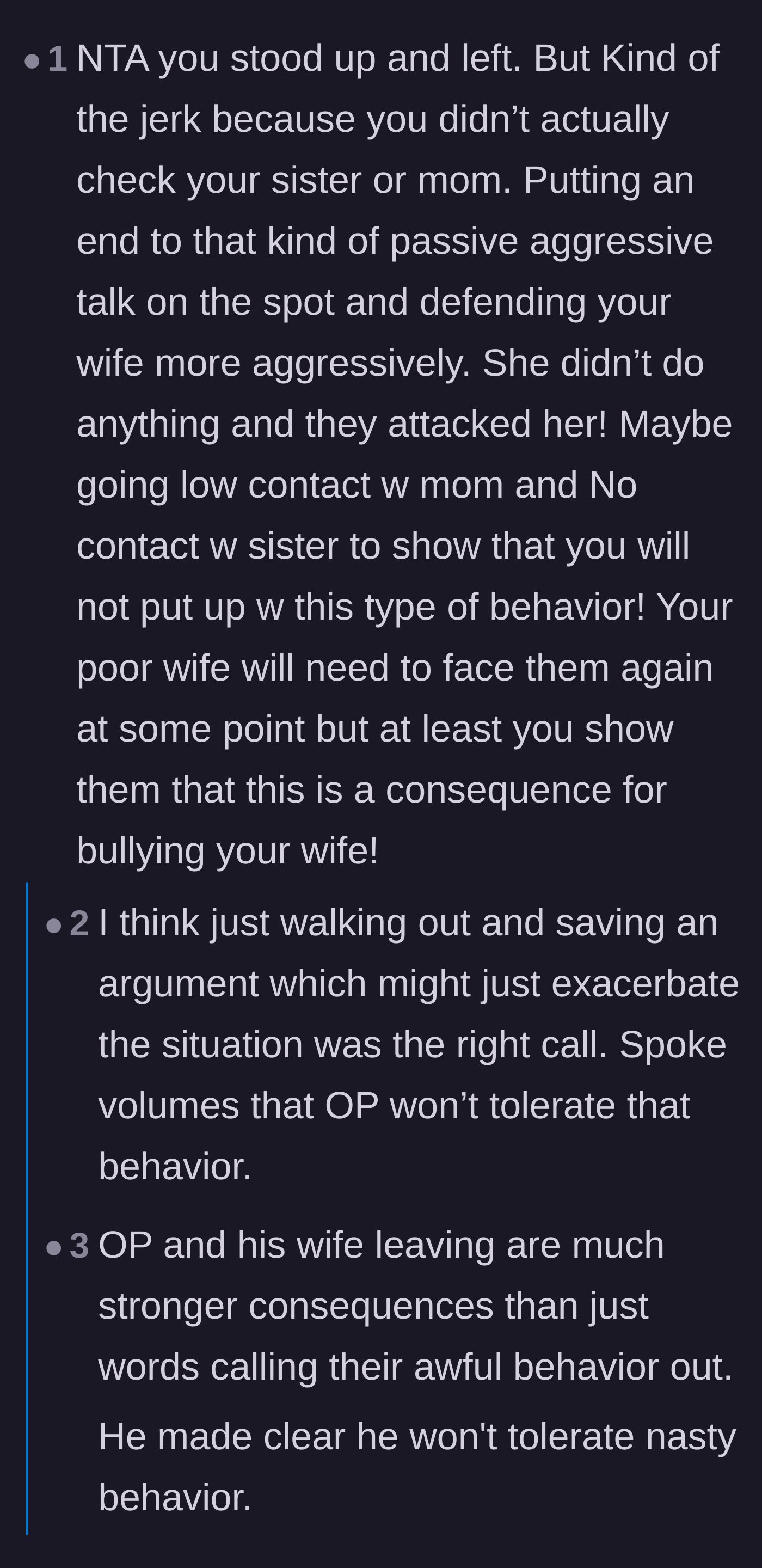 Comment thread 6 - A debate on whether the husband should have verbally defended his wife or if leaving silently was the strongest statement.