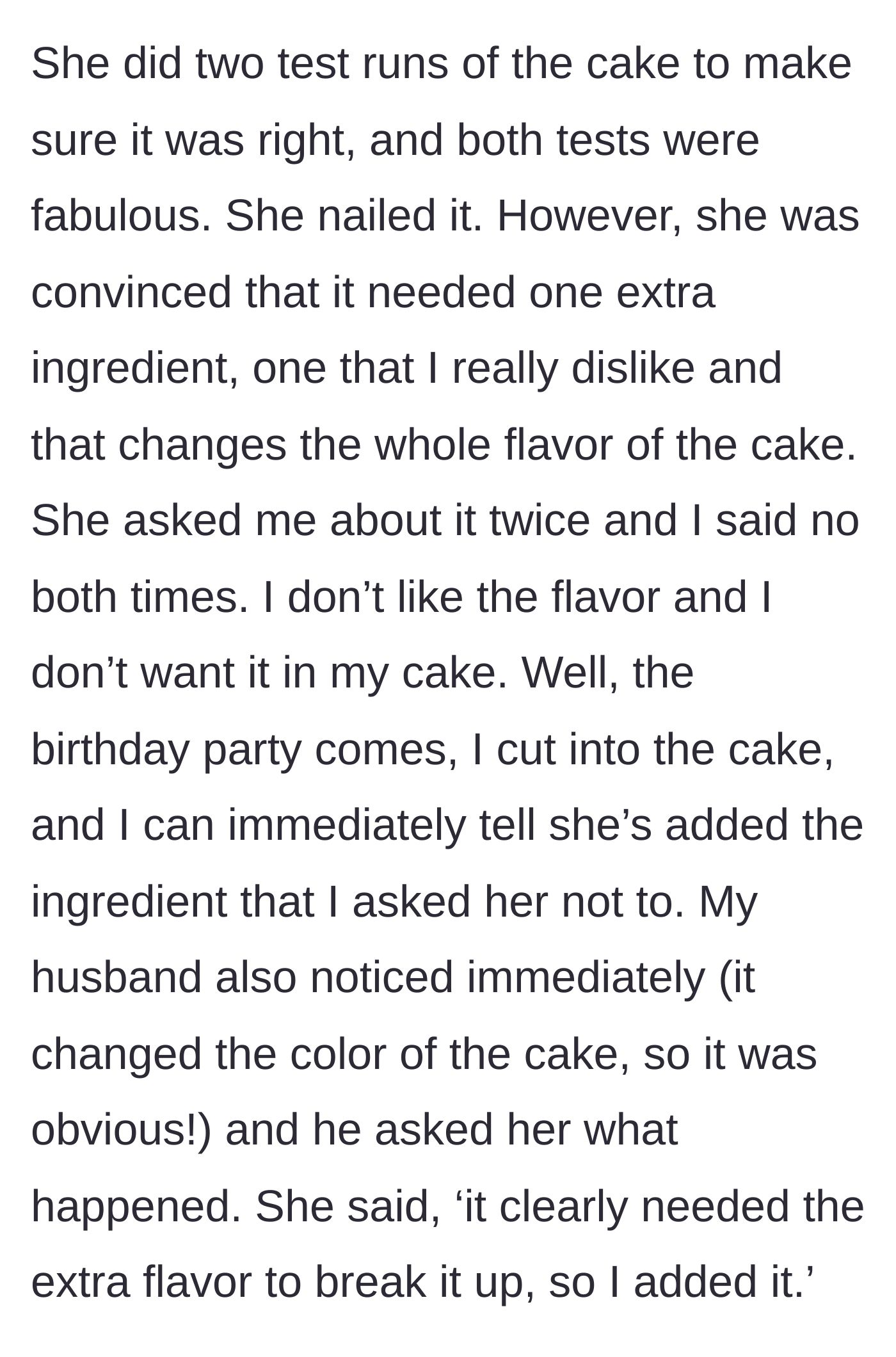 Story part 2 - The betrayal at the party where the unwanted ingredient is discovered and the husband calls it out