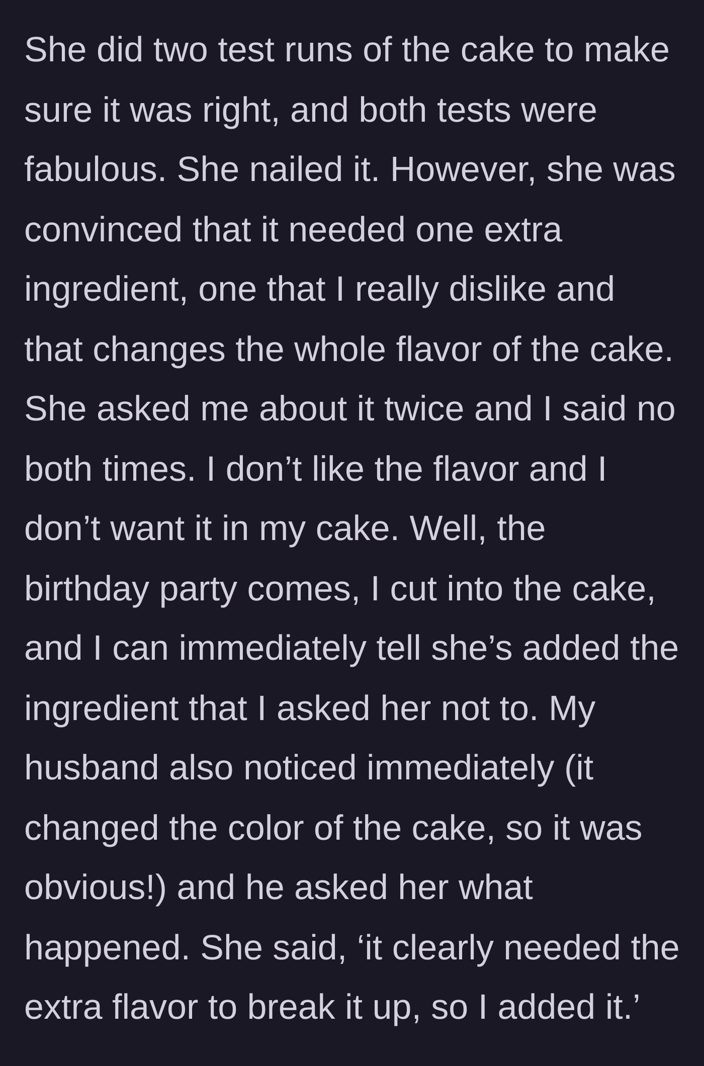 Story part 2 - The betrayal at the party where the unwanted ingredient is discovered and the husband calls it out