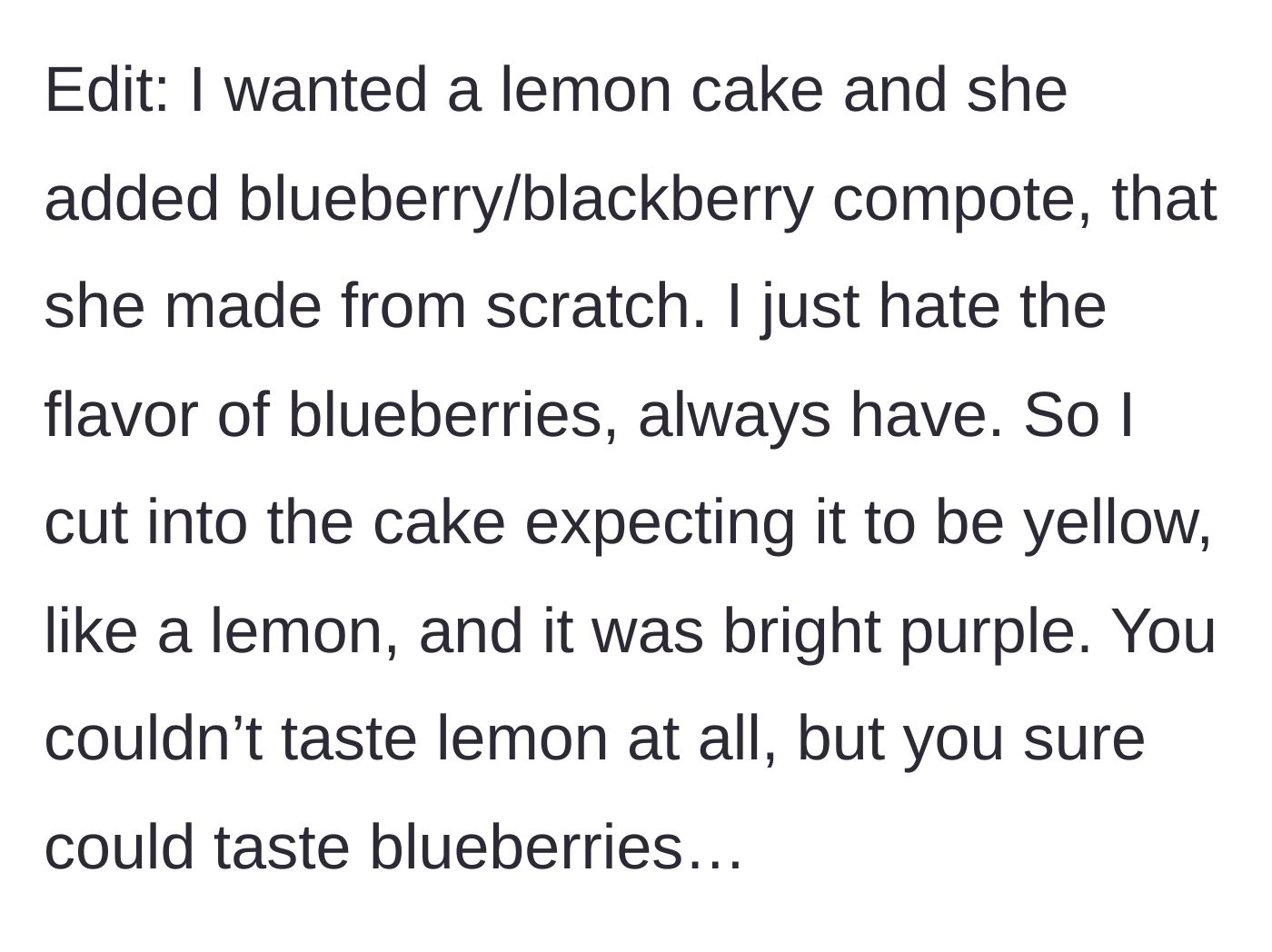 Story part 4 - Revealing the bright purple blueberry surprise hidden inside the supposedly yellow lemon cake