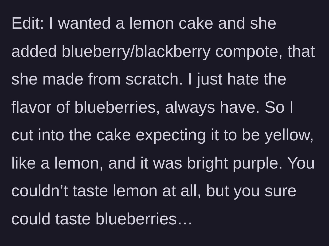 Story part 4 - Revealing the bright purple blueberry surprise hidden inside the supposedly yellow lemon cake