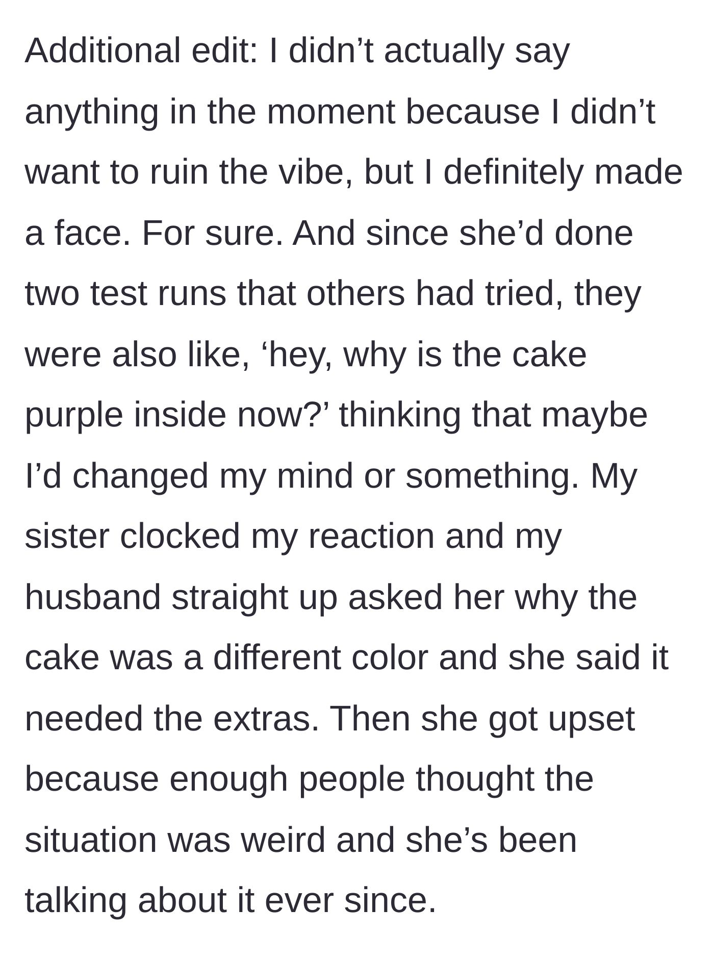 Story part 5 - Guests noticing the purple cake and the sister getting upset when confronted by the husband