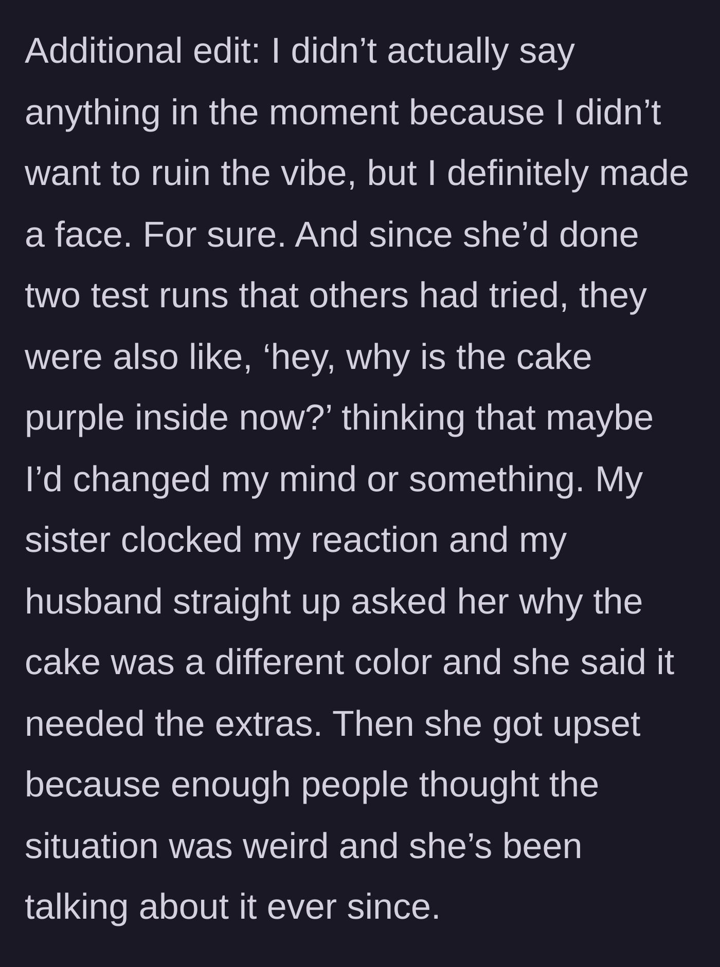 Story part 5 - Guests noticing the purple cake and the sister getting upset when confronted by the husband