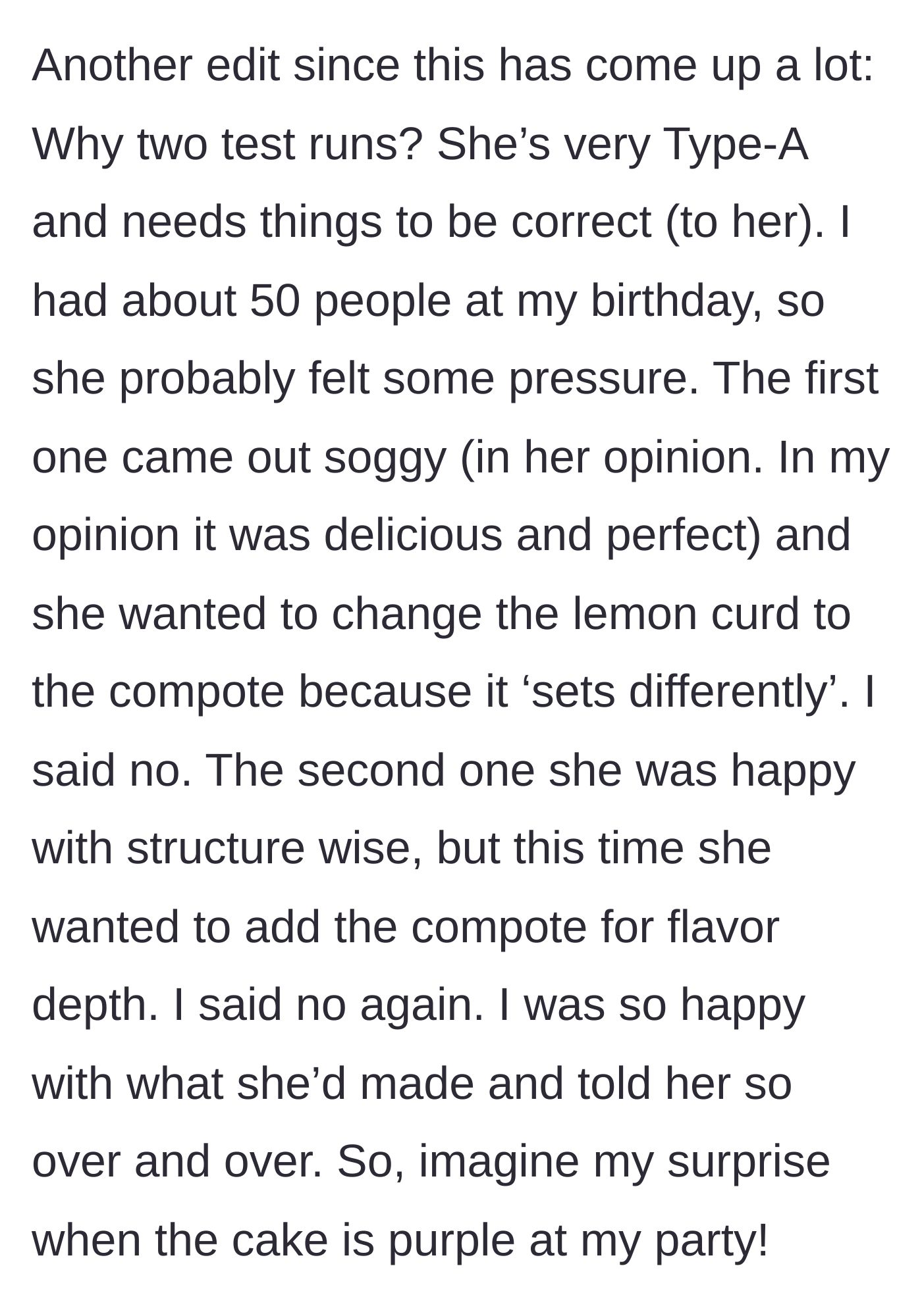 Story part 8 - The backstory of the two test runs and the sister's Type A perfectionism ruining the final product
