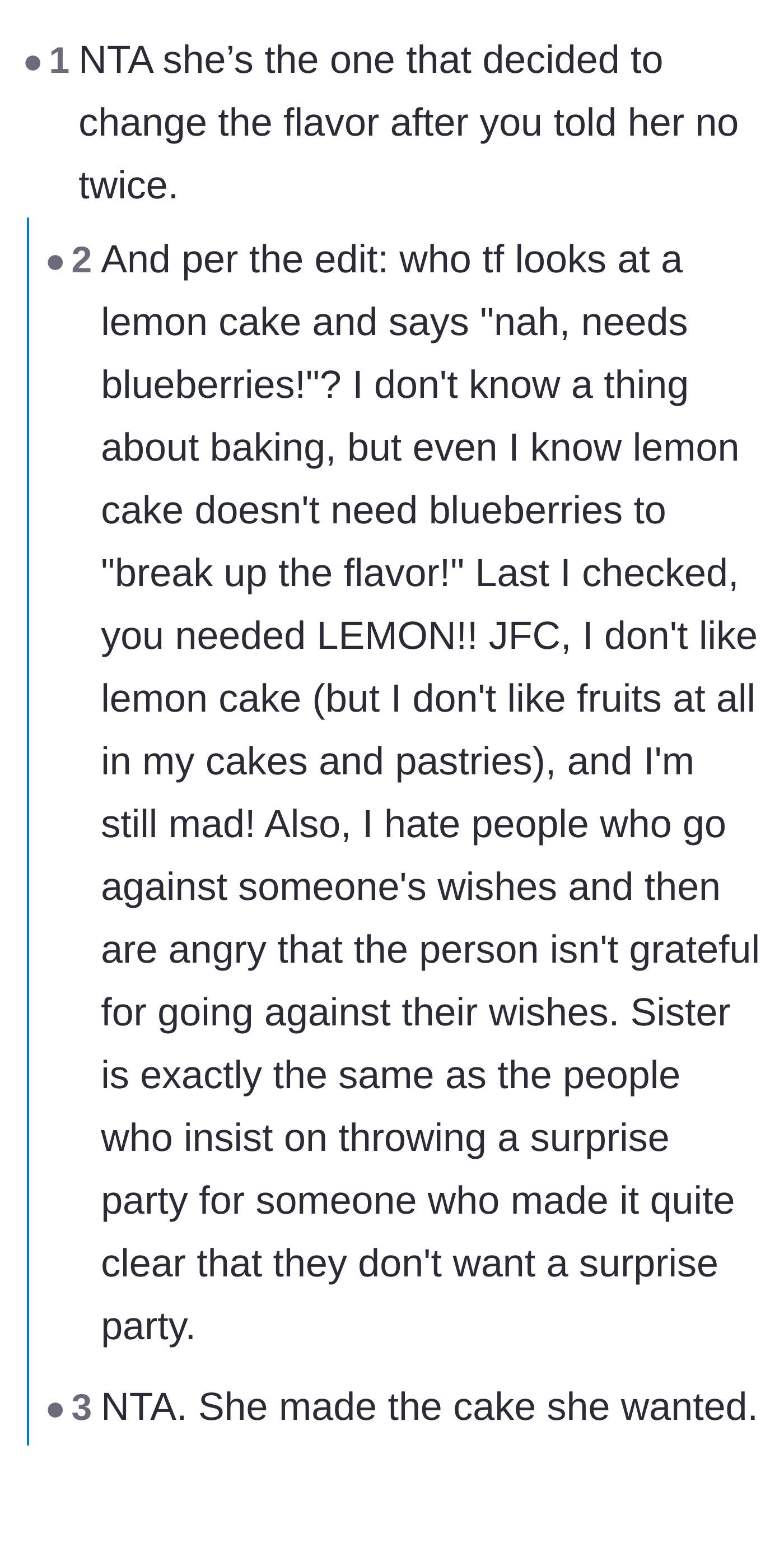 Comment thread 1 - Debating the audacity of ignoring the birthday girl's wishes and comparing the sister to people who force unwanted surprise parties