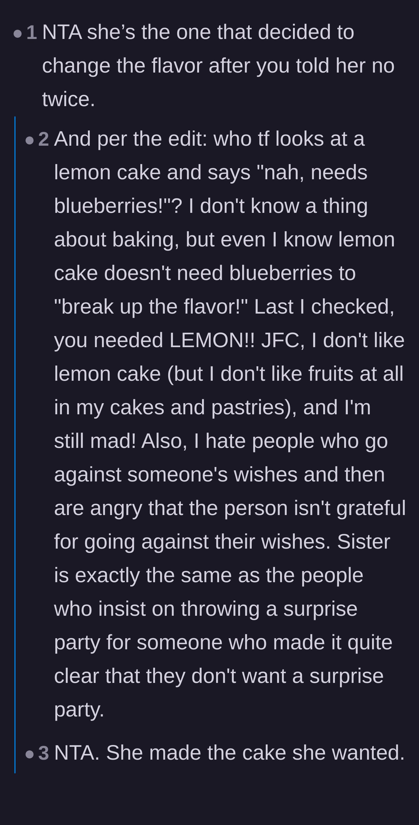 Comment thread 1 - Debating the audacity of ignoring the birthday girl's wishes and comparing the sister to people who force unwanted surprise parties