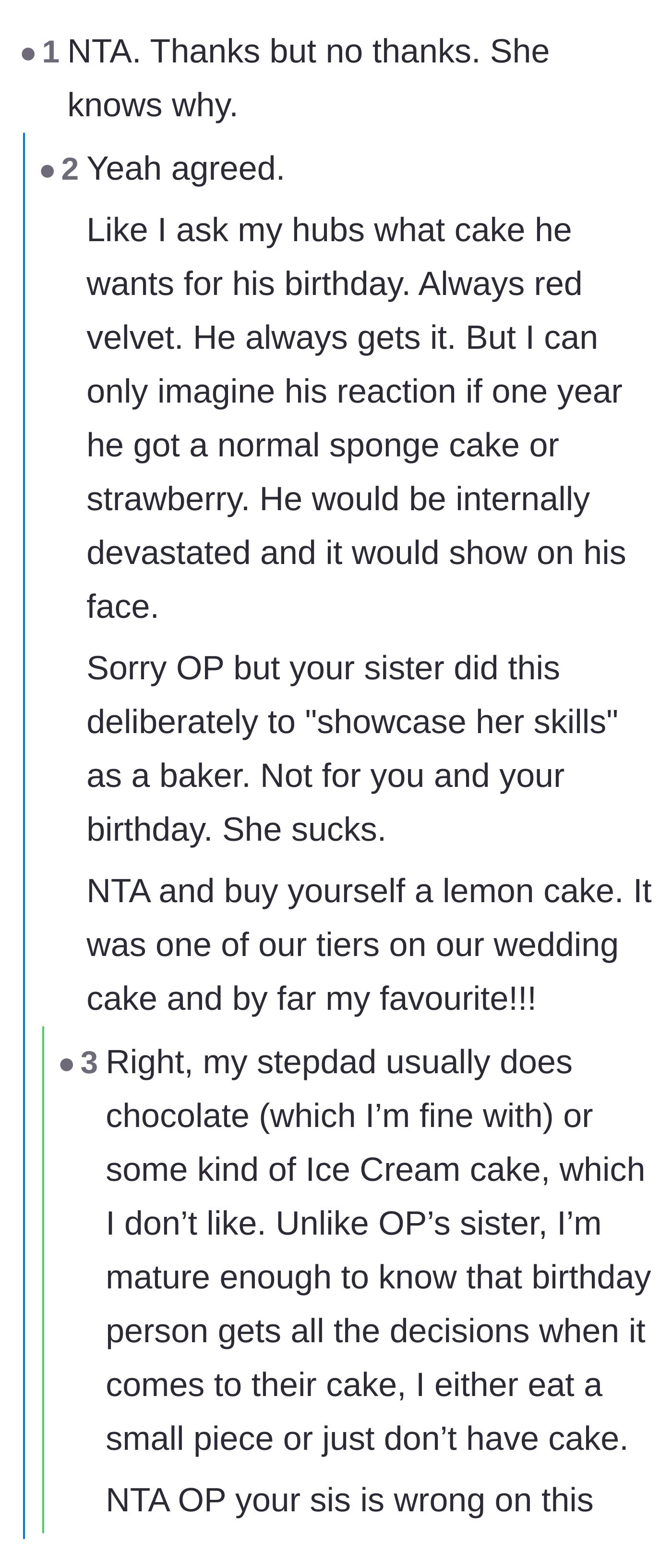 Comment thread 2 - Pointing out that the sister deliberately baked the cake to showcase her own skills rather than for the birthday girl