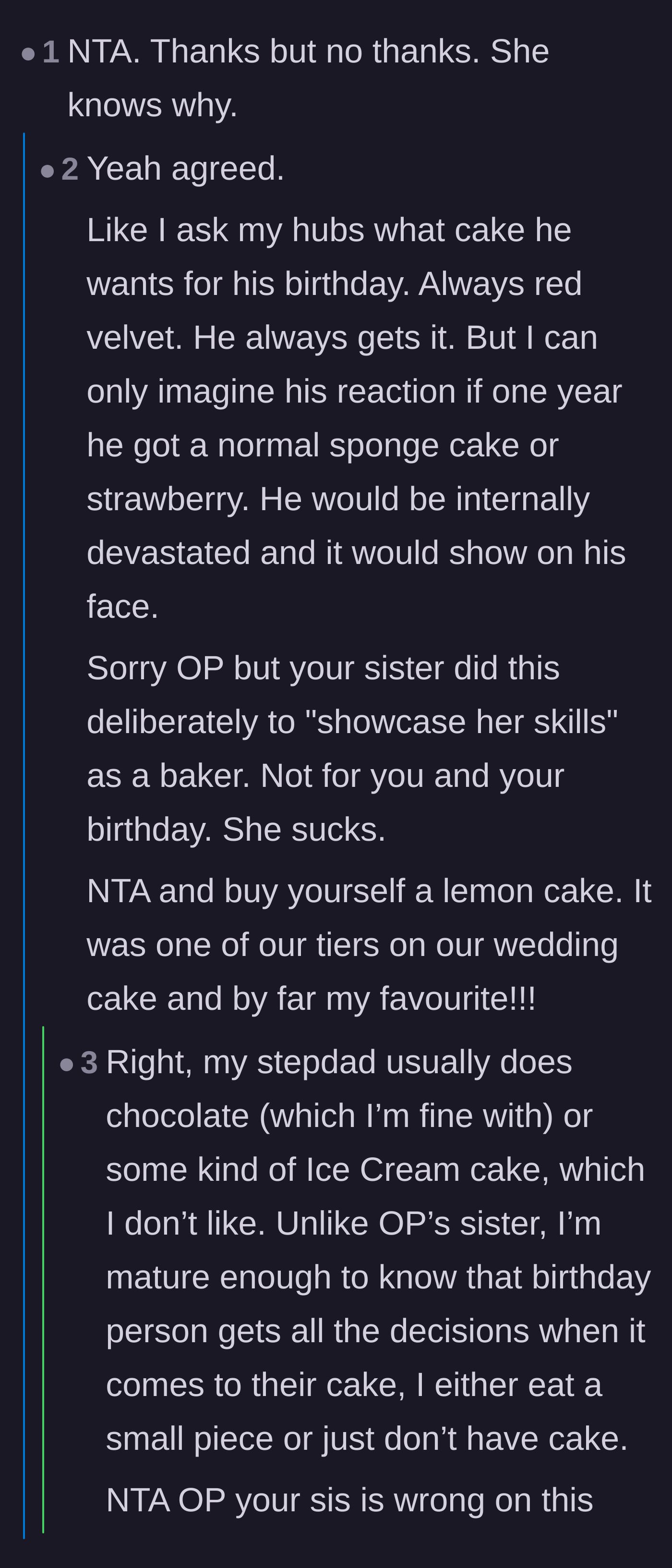 Comment thread 2 - Pointing out that the sister deliberately baked the cake to showcase her own skills rather than for the birthday girl
