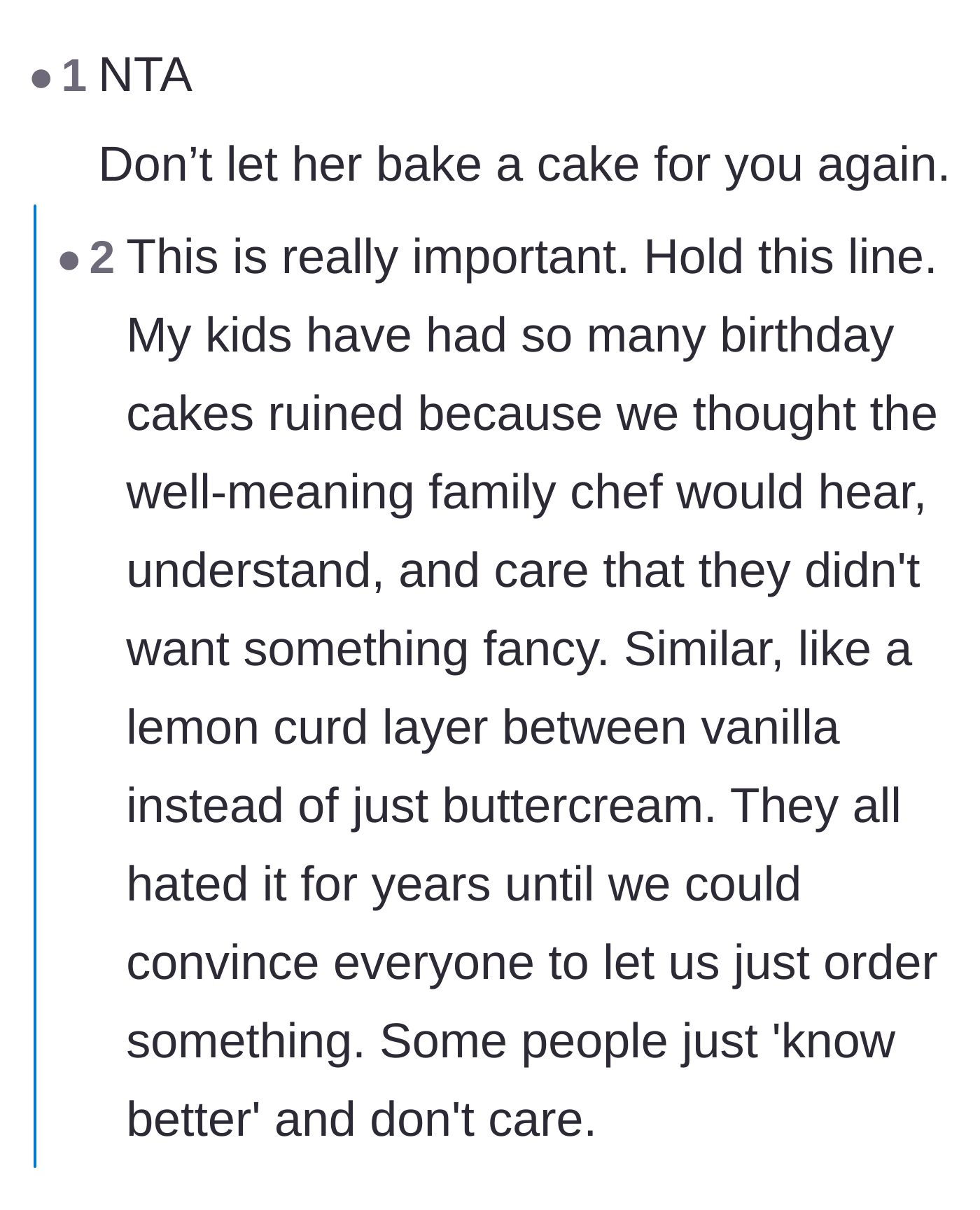 Comment thread 4 - Advice on holding the line and never letting the sister bake a cake for future birthdays