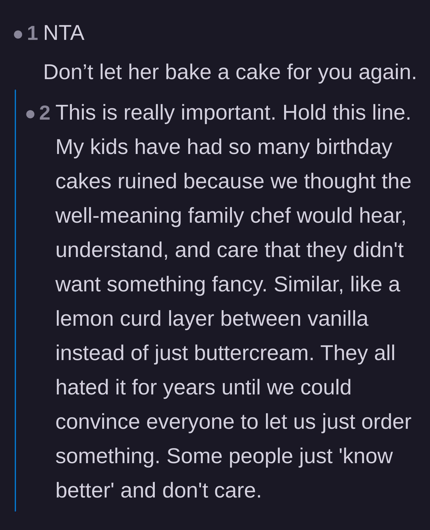 Comment thread 4 - Advice on holding the line and never letting the sister bake a cake for future birthdays