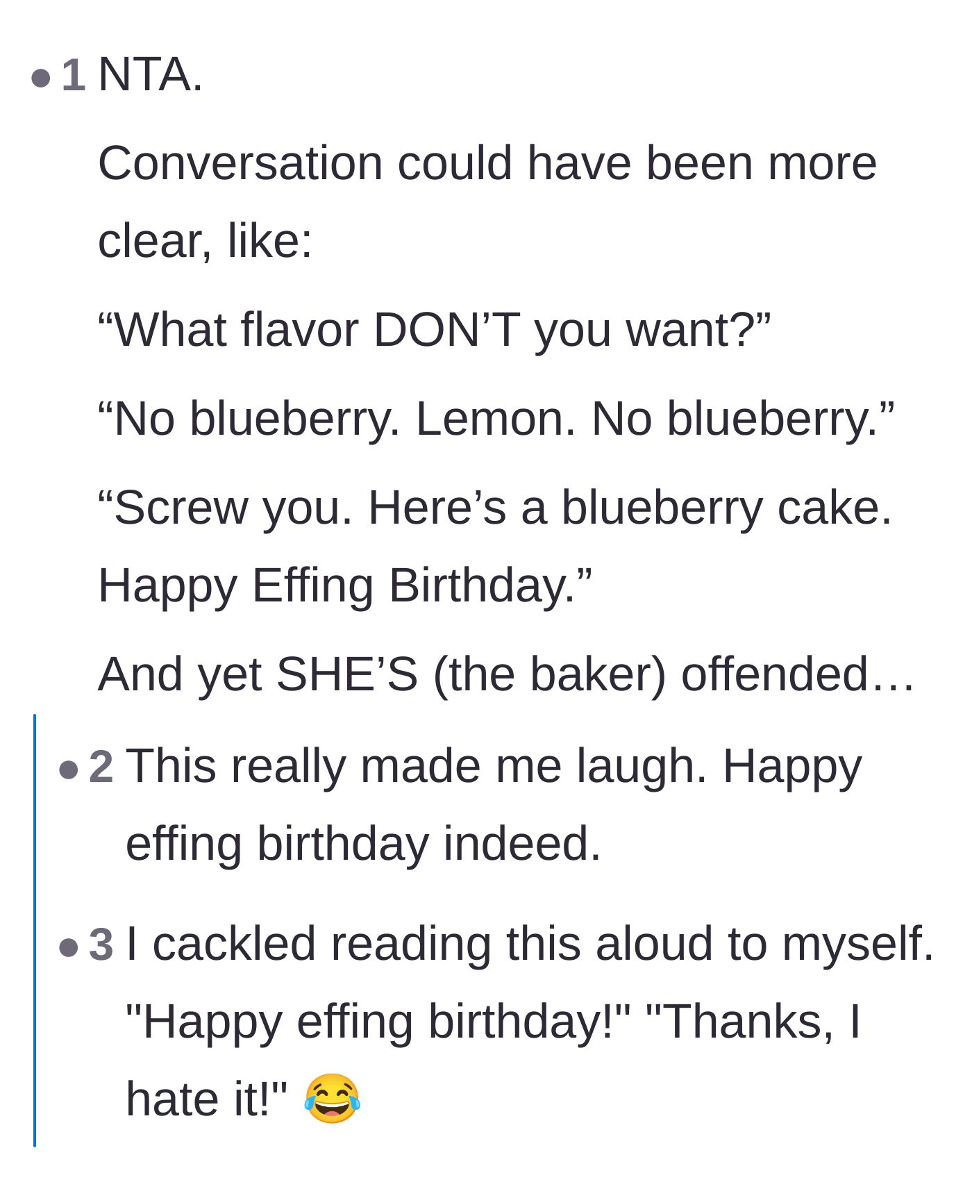Comment thread 5 - A hilarious mock transcript of how the unhinged cake conversation between the two sisters essentially played out
