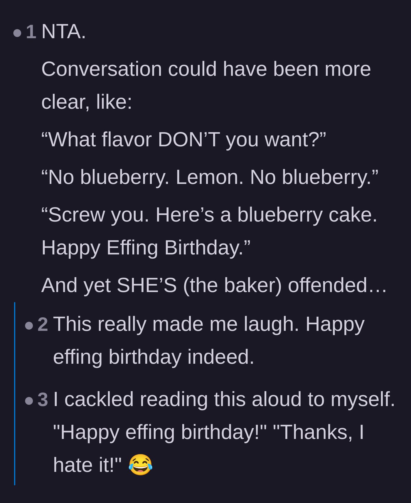 Comment thread 5 - A hilarious mock transcript of how the unhinged cake conversation between the two sisters essentially played out