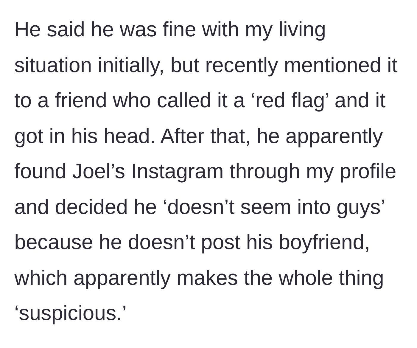 Story part 14 - Max admitting his friend called the situation a red flag, leading him to stalk Joel's Instagram and decide he isn't gay.