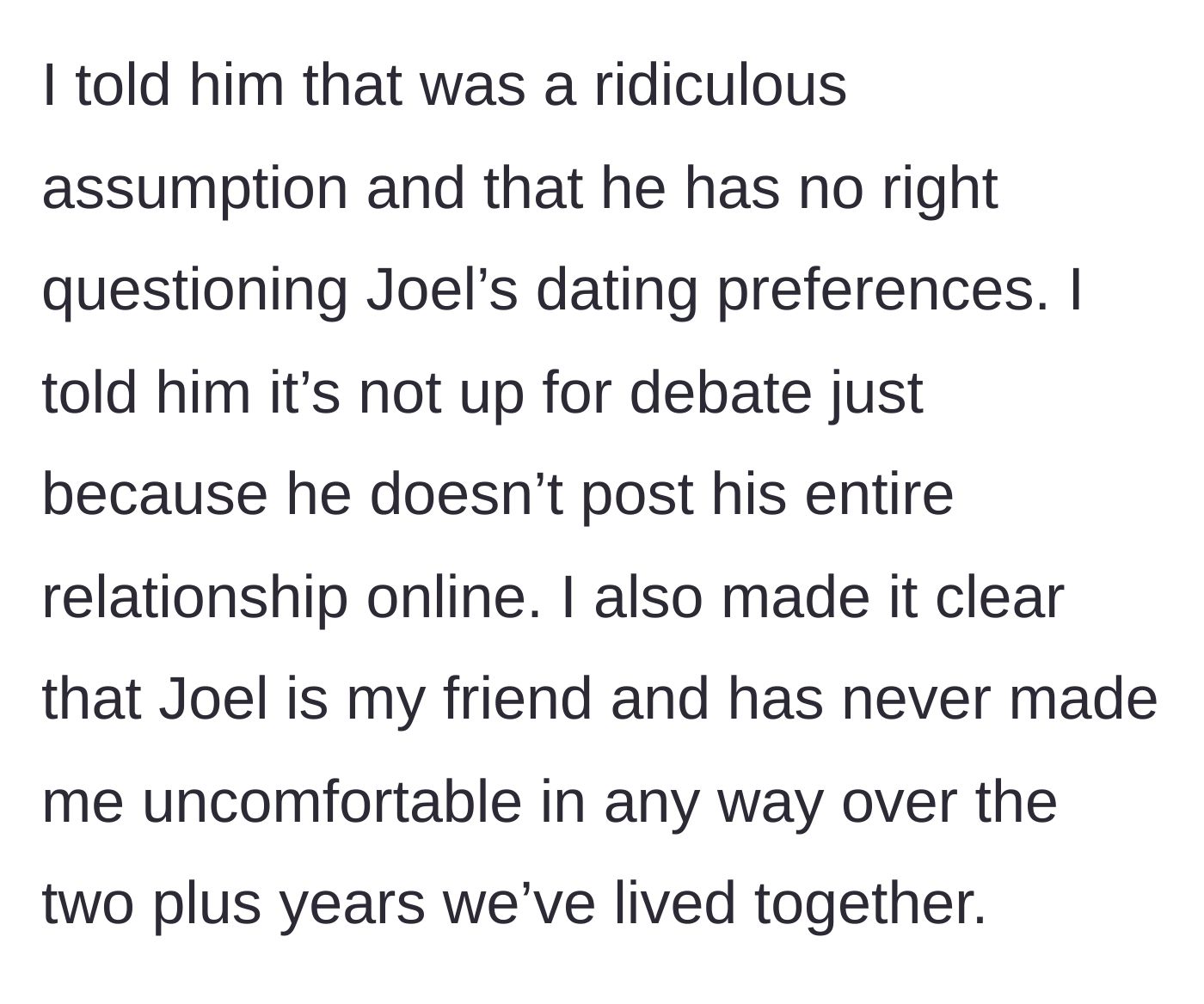 Story part 15 - Shutting down his ridiculous assumptions and defending Joel.