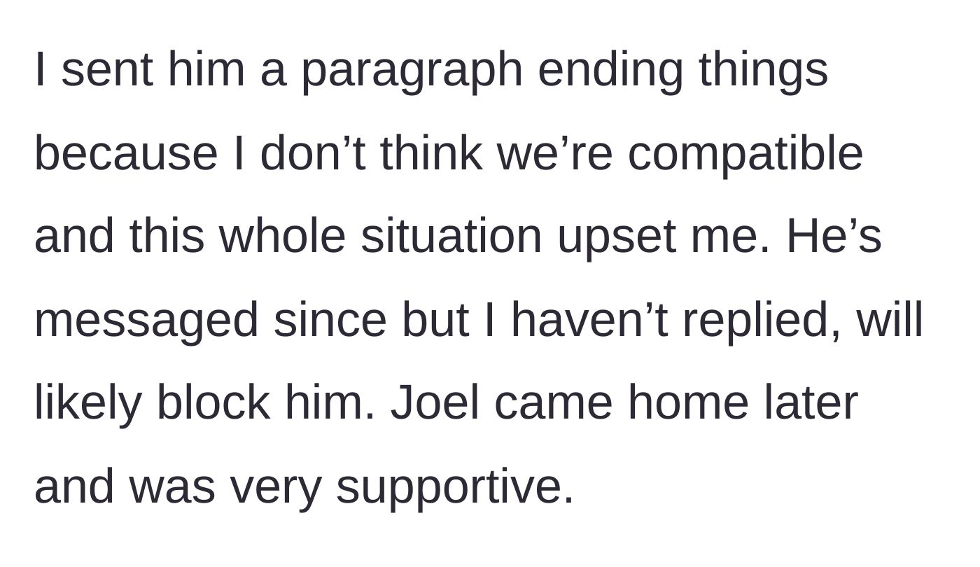 Story part 19 - Sending a breakup text, planning to block him, and getting support from Joel.