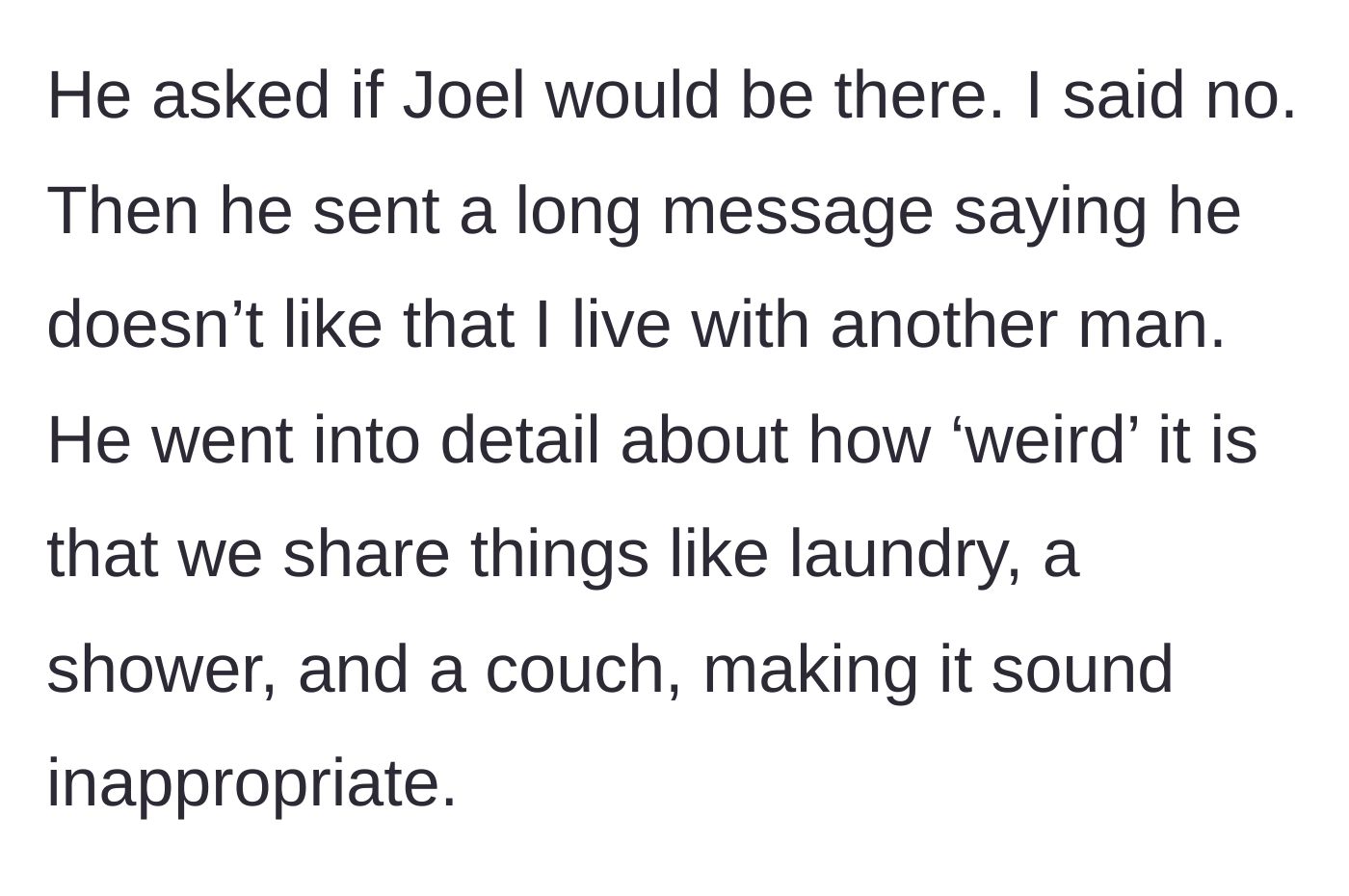 Story part 6 - Max asking if Joel is home, then sending a long text about how weird it is she shares a couch and shower.
