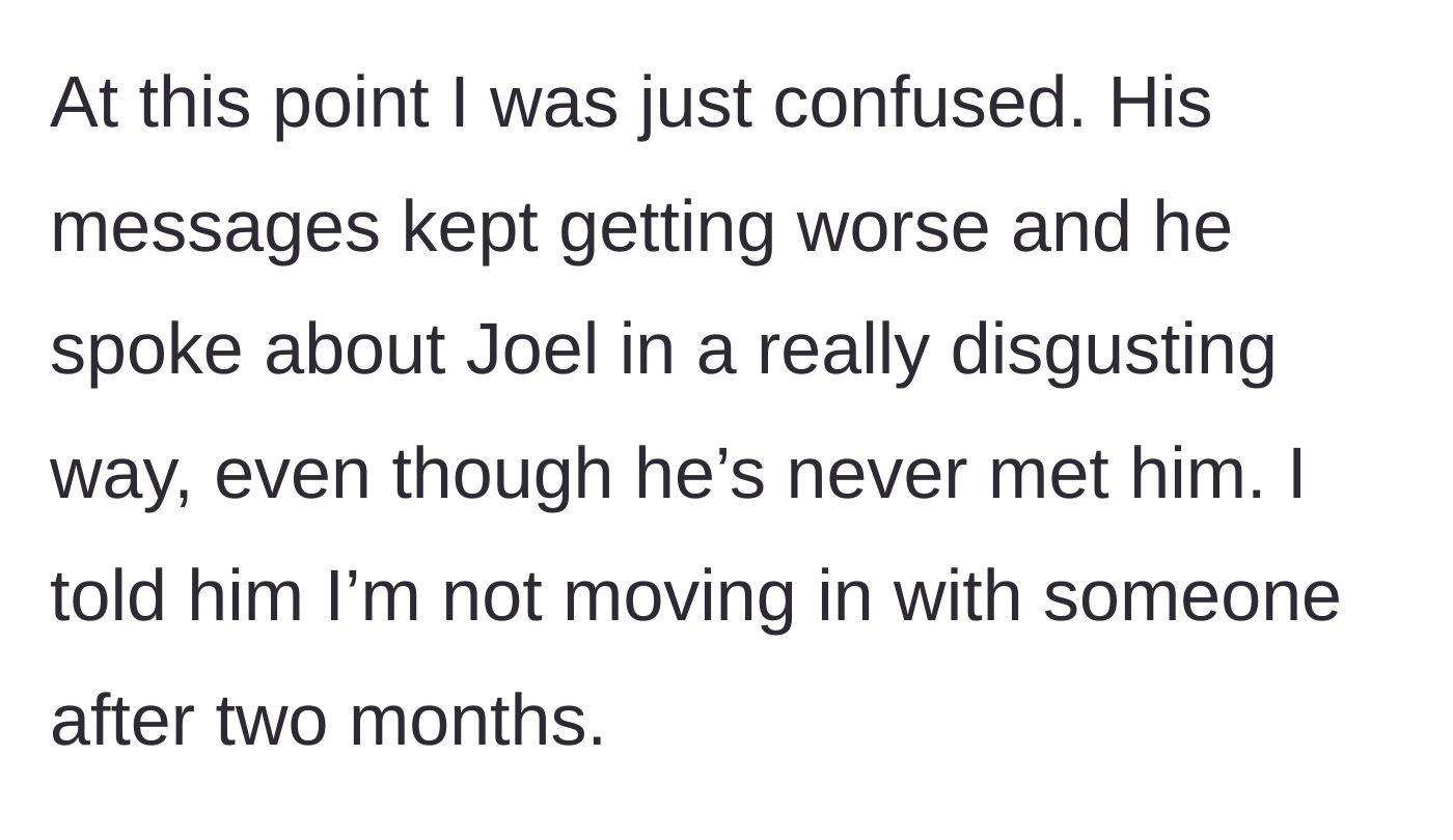 Story part 8 - Feeling confused as Max sends disgusting messages about Joel, leading her to refuse moving in.