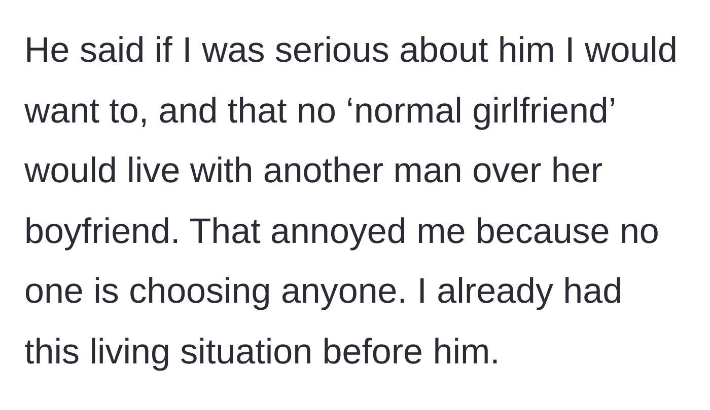 Story part 9 - Max claiming a 'normal girlfriend' wouldn't live with another man, which annoys her.