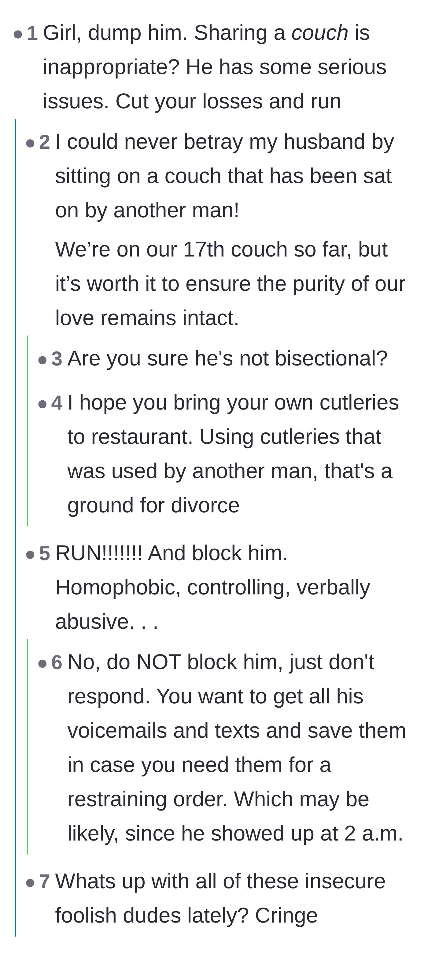Comment thread 1 - Readers mocking the boyfriend's obsession with couch purity and advising her to save his messages for a restraining order.