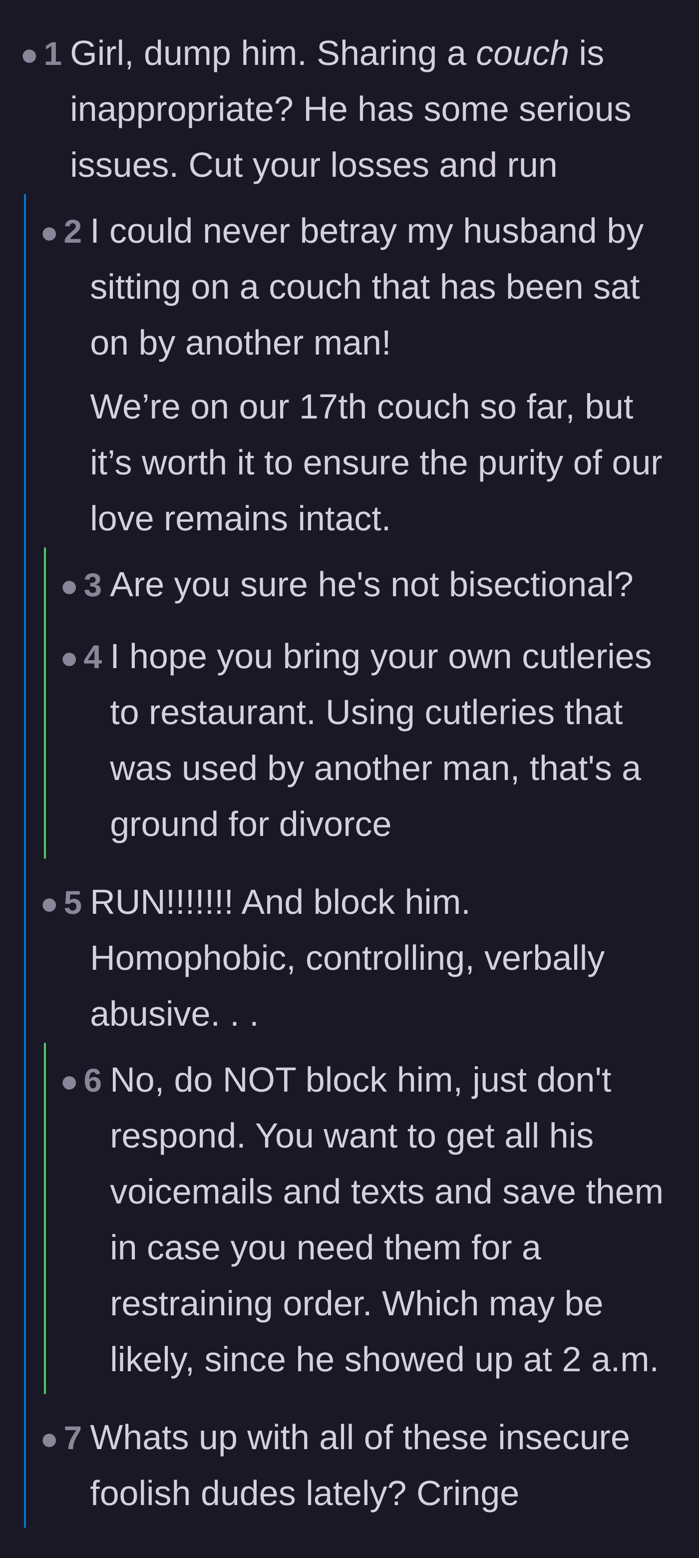 Comment thread 1 - Readers mocking the boyfriend's obsession with couch purity and advising her to save his messages for a restraining order.