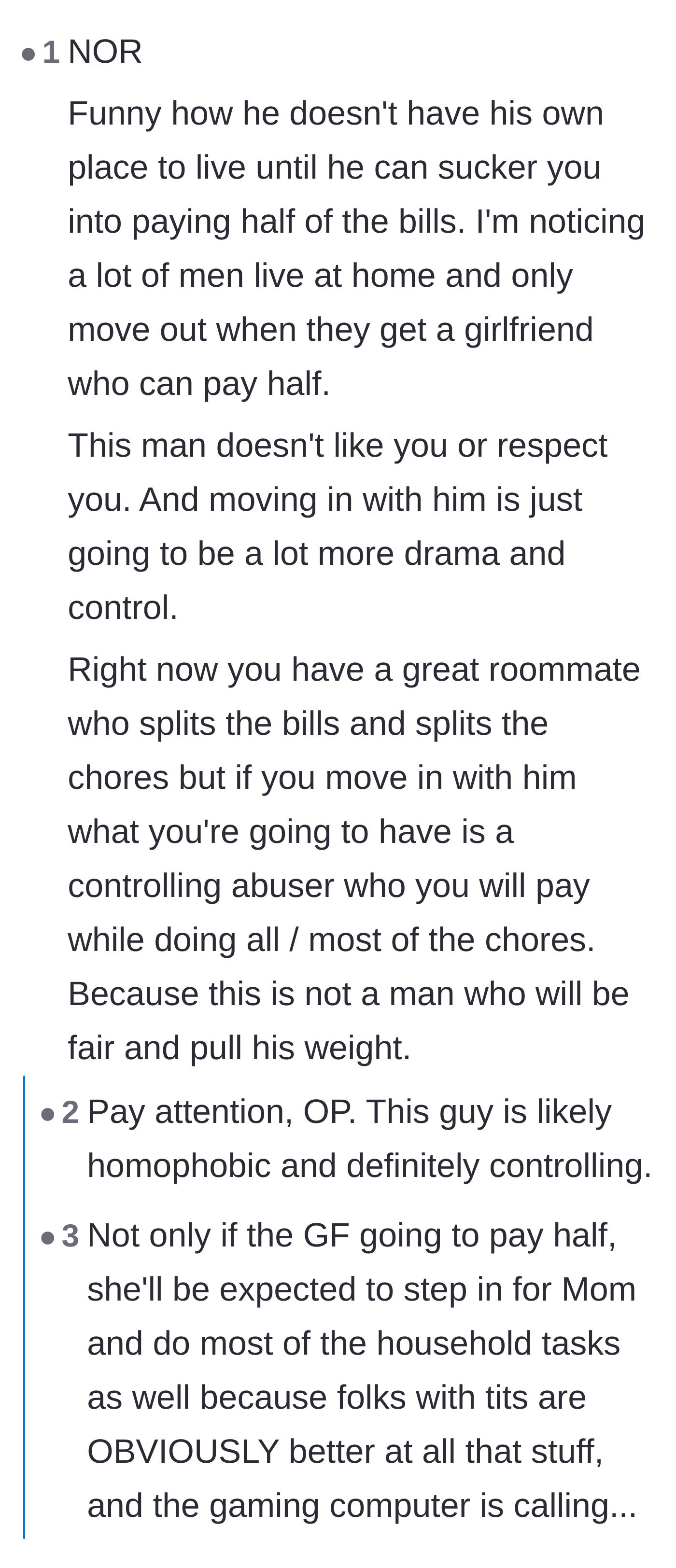 Comment thread 2 - Users breaking down how the boyfriend just wants to replace his mom with a girlfriend who pays half the rent.