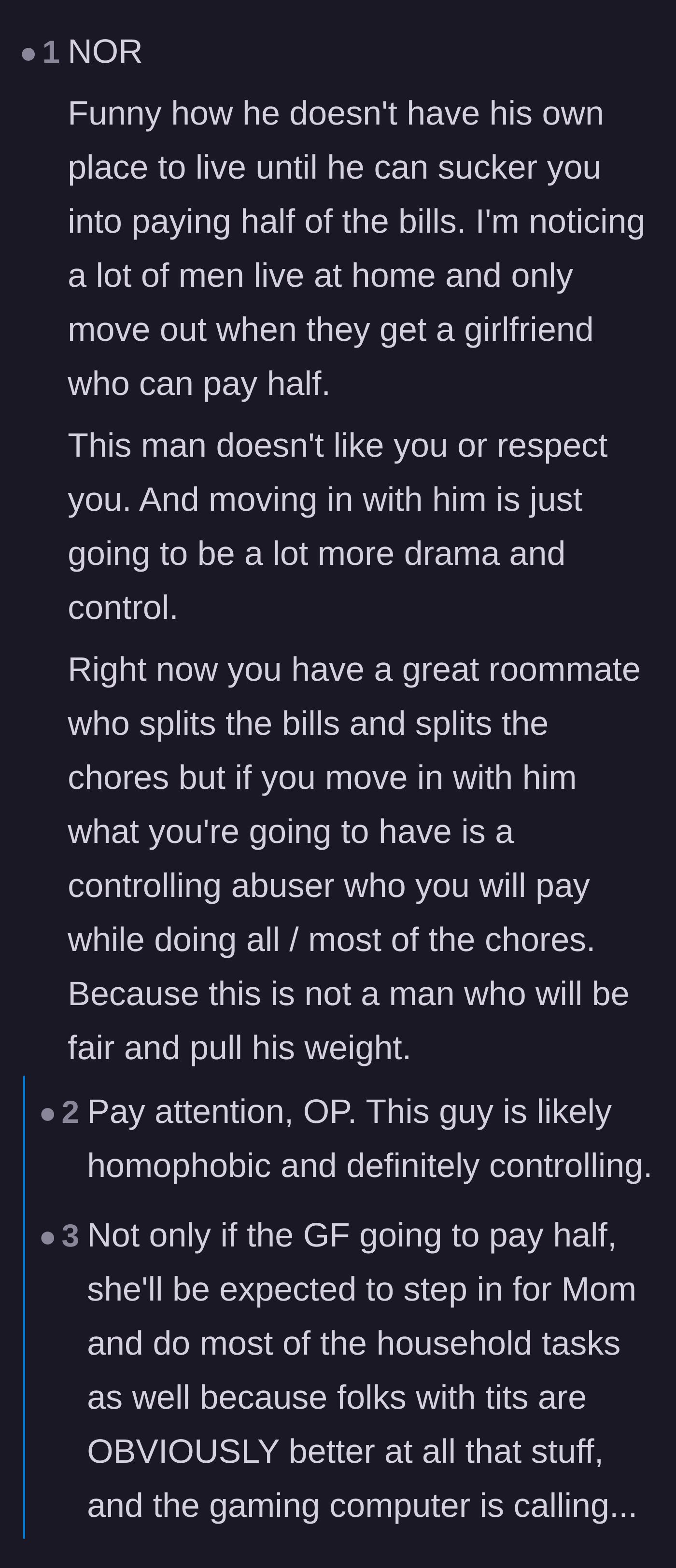 Comment thread 2 - Users breaking down how the boyfriend just wants to replace his mom with a girlfriend who pays half the rent.