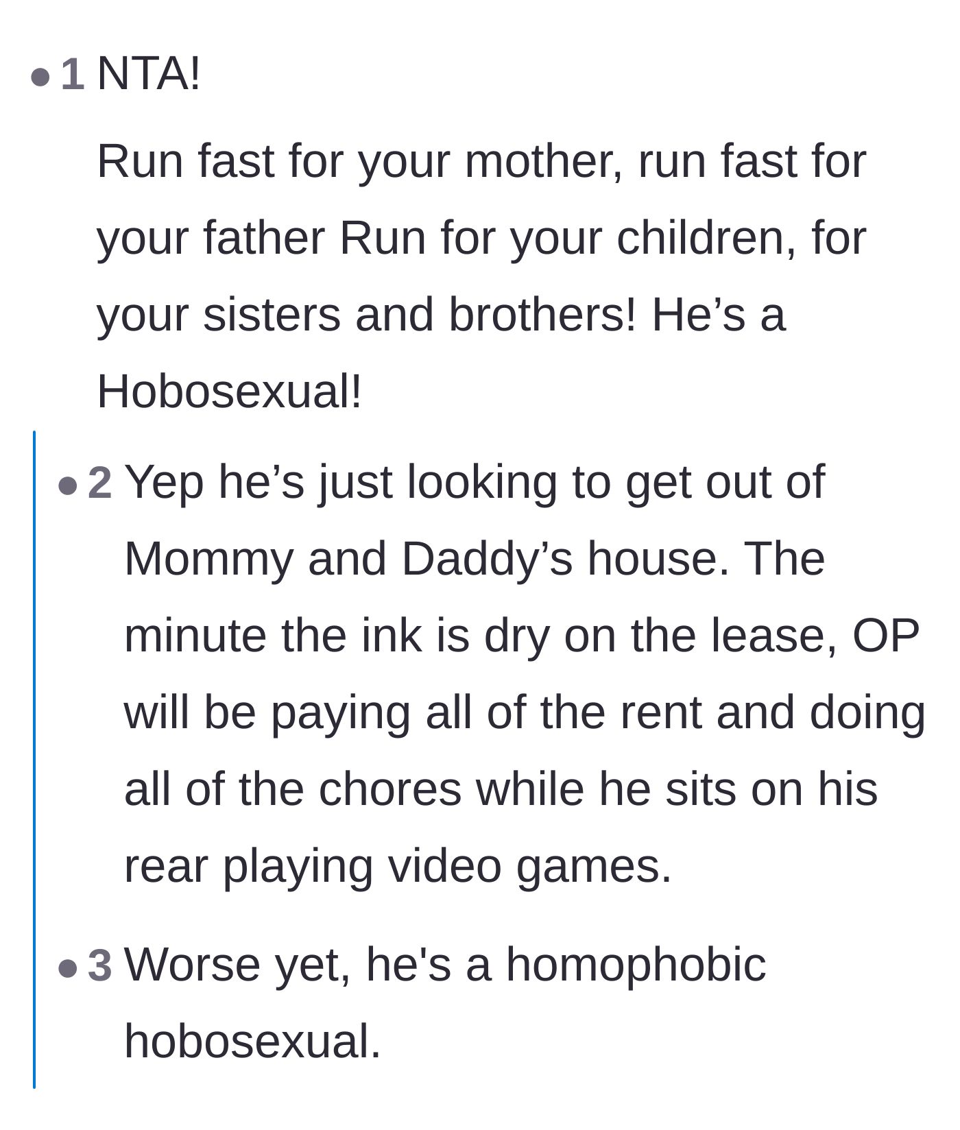 Comment thread 4 - People jokingly singing warnings to run away from the homophobic hobosexual.